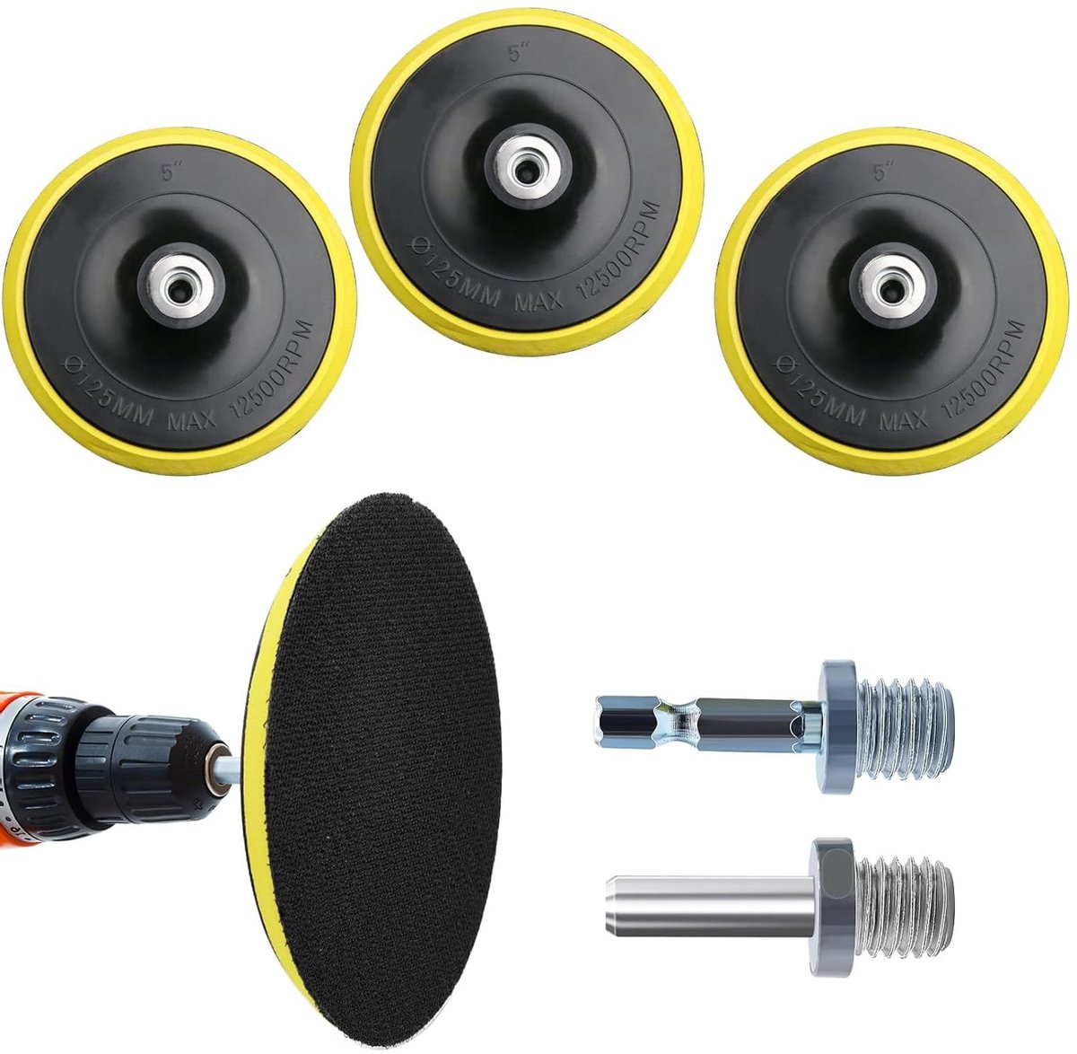 Set of 3 Sanding Discs 125mm 5 inch with 1/4" Hex Shank Mandrel & M14 Drill Adapter for Angle Grinders, Eccentric - ShopVlot
