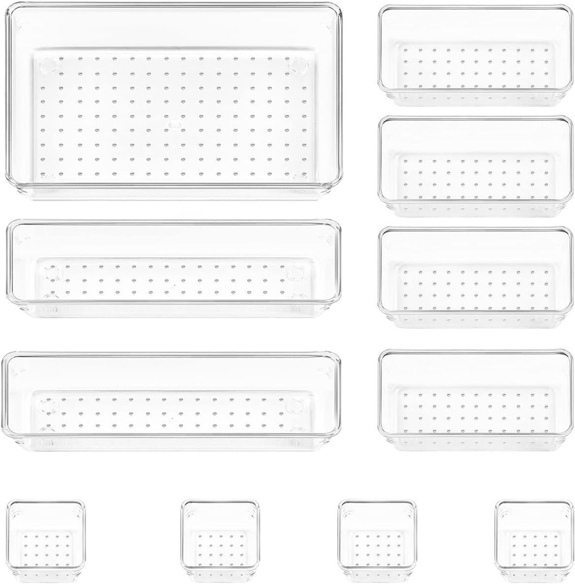11 Piece Drawer Organiser Set, Transparent Plastic Cosmetic Office Organiser, 4 Sizes, Stackable, Clear View - ShopVlot