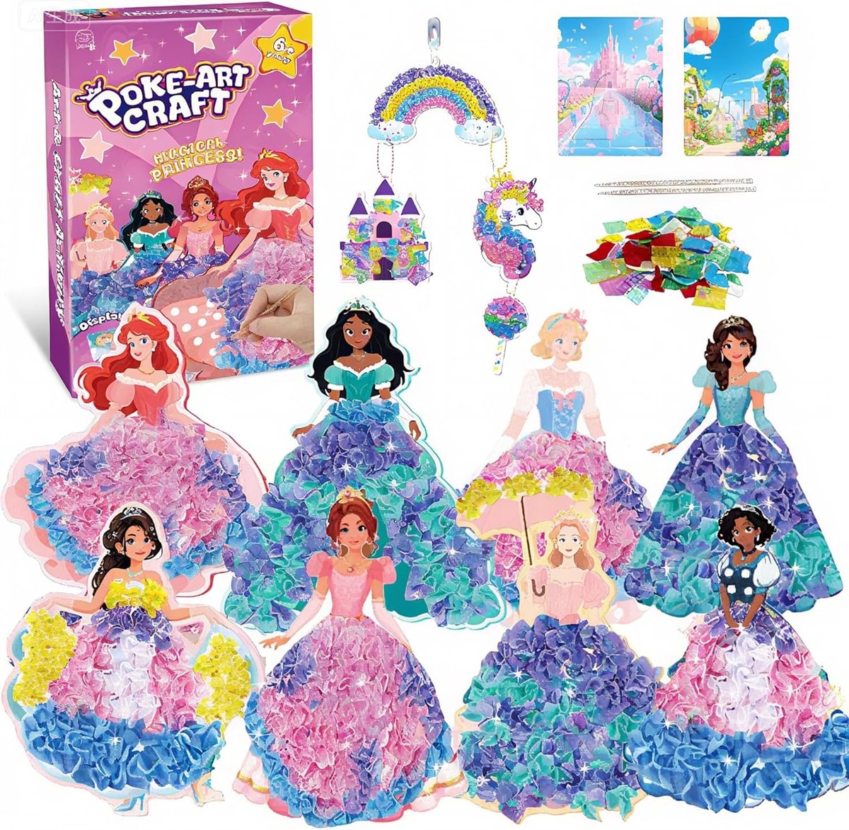SnelShoppen - 12 Sets Creatieve Poke-in Kunst Kits voor Kinderen 3-10 Jaar, DIY Prinses Verkleden Spelletjes met 800 Stofstukken en 2 Sticks, Perfect