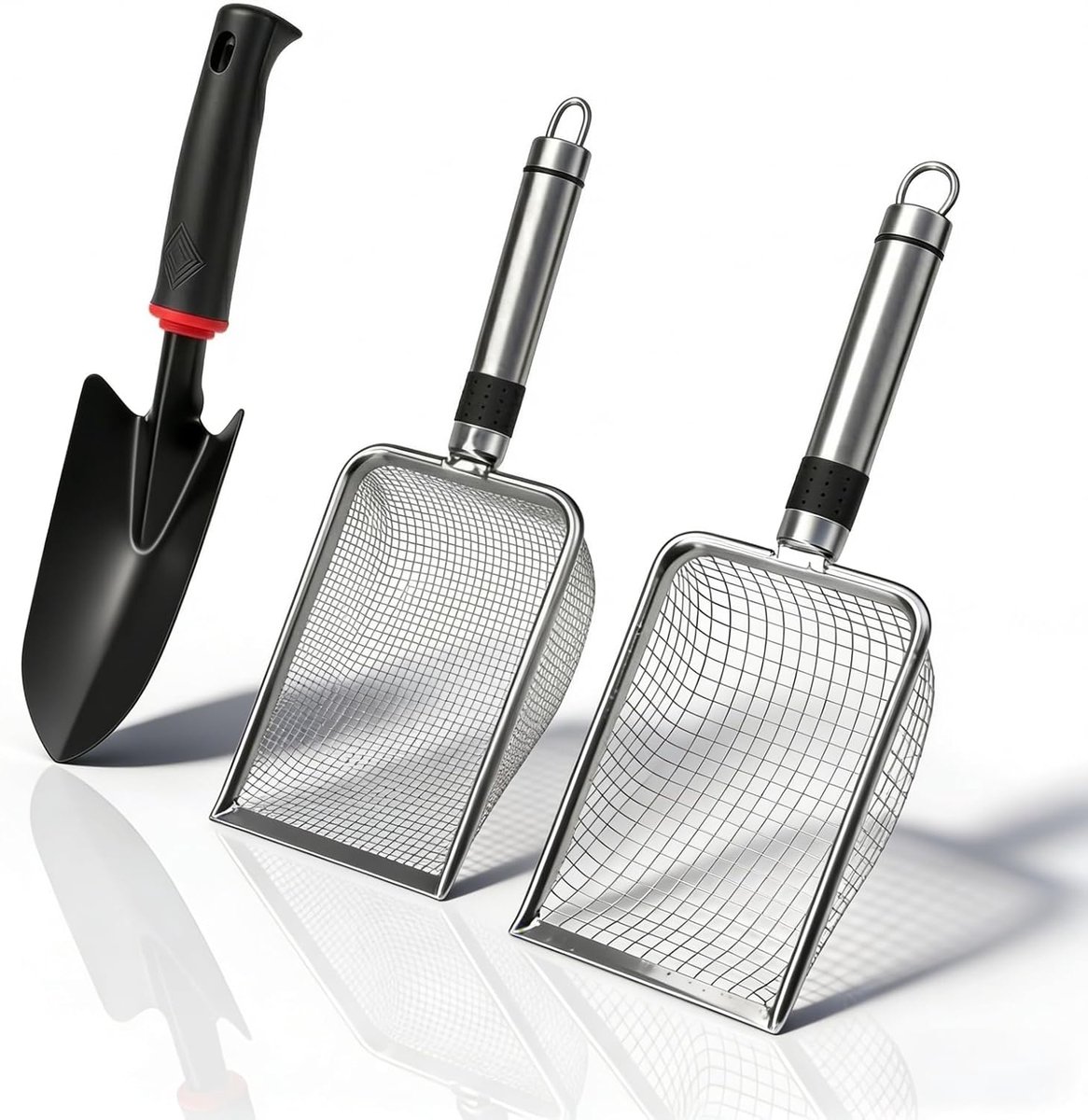 SnelShoppen - 2 Stuks Tuinsieve RVS - Sand Sieve met 1mm en 3.8mm Gaas - Tuinschop van 31x6cm - Handgreep voor Sandbox en Tuin