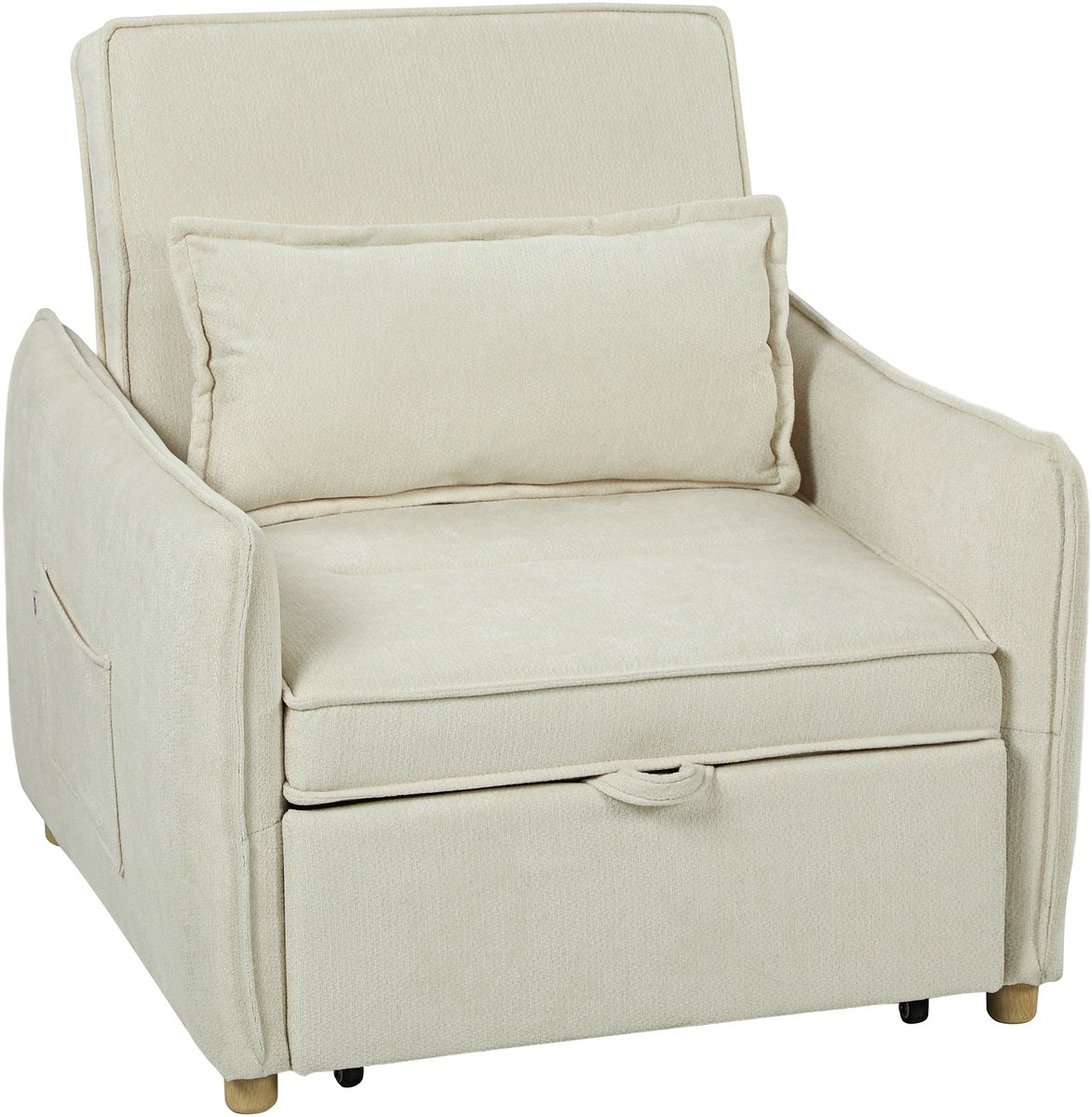 Homona Slaapfauteuil 3-in-1 - Met kussen en zijvakken - 88 x 84 x 87 cm - Crèmewit