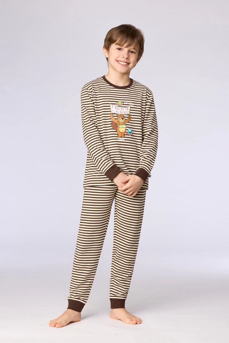 Woody pyjama jongens/heren - bruin gestreept - dierenprint - 262-10-PLC-Z/908 - maat 128