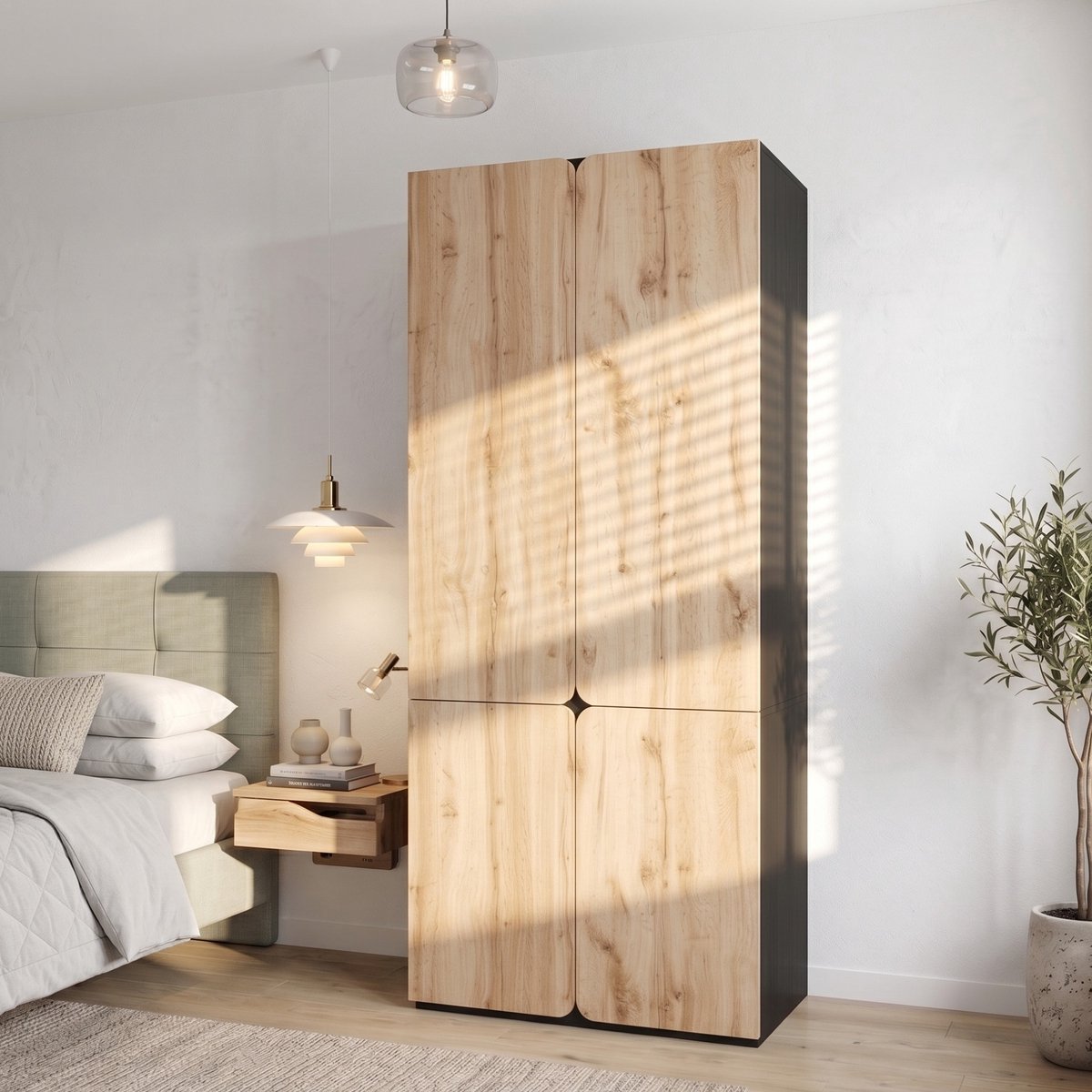 OKWISH Kledingkast - 4 Deuren, 3 Lades En Kledingstang - Voor Slaapkamer, Hal Of Kantoor - Eikenlook Met Zwarte Accenten - 90 x 50 x 200 cm Houtkleur