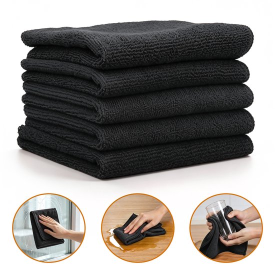 Schoonmaakdoekjes (5-pack) – Multifunctionele schoonmaakdoekjes – Microvezel – Vaatdoek en poetsdoek – Reinigt zonder resten – Verwijdert vet en vuil – Geschikt voor nat en droog gebruik – Machinewasbaar – 30 x 30 cm – Zwart