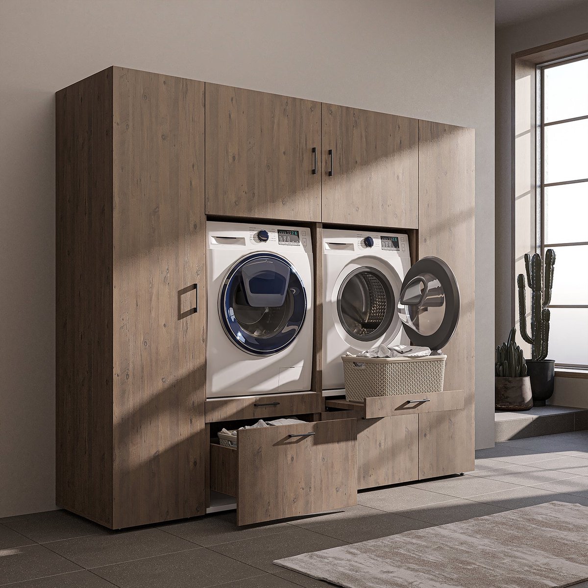 Roomart SERIE 2 Wasmachine Ombouwkast 224x205 cm - Kastenwand met 2 Hoge Kasten - Eiken