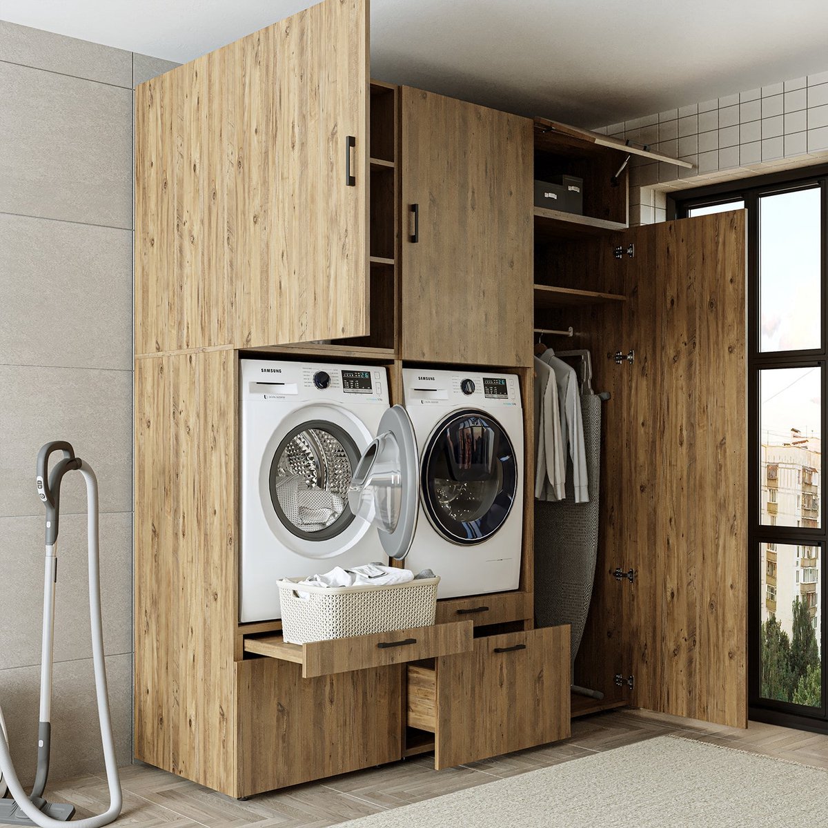 Roomart SERIE 2 Wasmachine Ombouwkast 194x240 cm - Dubbele Kast met Hoge Kast - Eiken