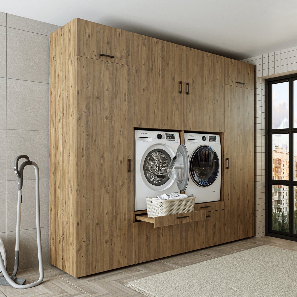 Roomart SERIE 2 Wasmachine Ombouwkast 254x240 cm - Kastenwand met 2 Hoge Kasten - Eiken