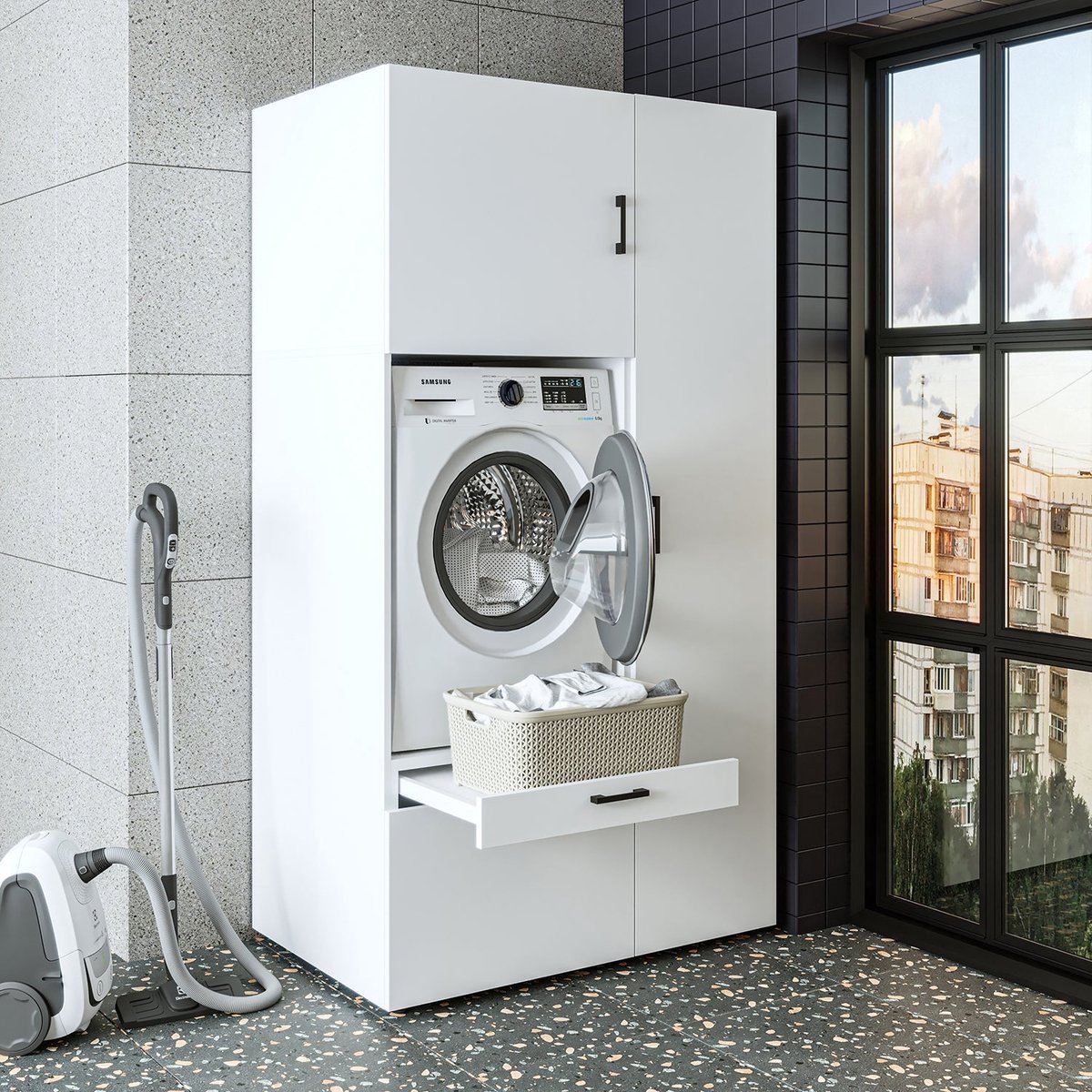Roomart SERIE 2 Wasmachine Ombouwkast 112x205 cm - met Hoge Kast 45 - Wit