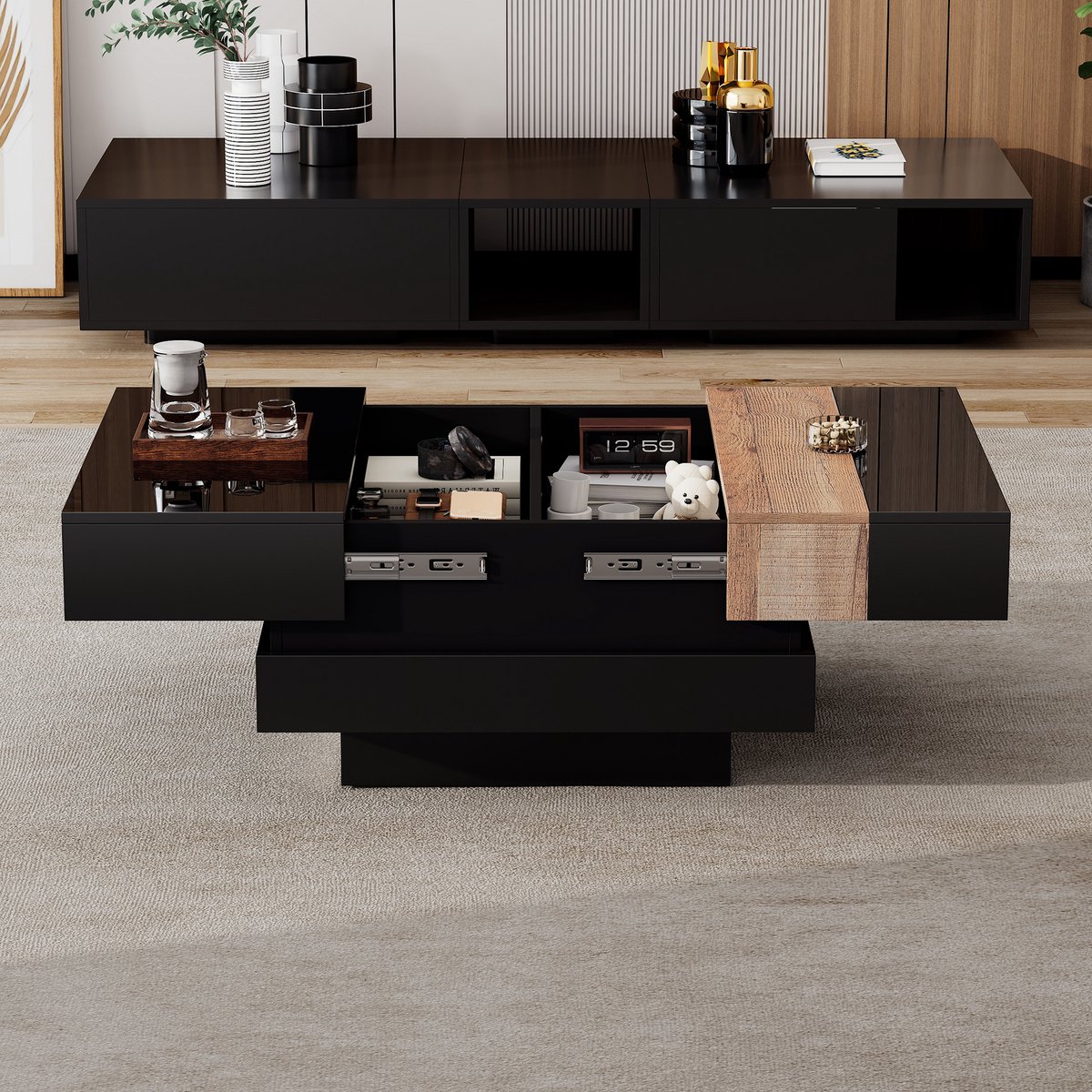 MUVANO Vierkante salontafel zwart - Salontafel met verborgen opbergruimte - Uitschuifbaar design - 70x70x39 cm - Opbergen - Woonkamer Zwart