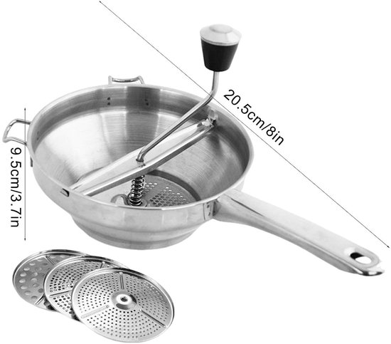 Deze roestvrijstalen keukenmachine wordt geleverd met drie maalschijven, een handmatige maalschijf en een opzetstuk voor het maken van puree. — afbeelding 2
