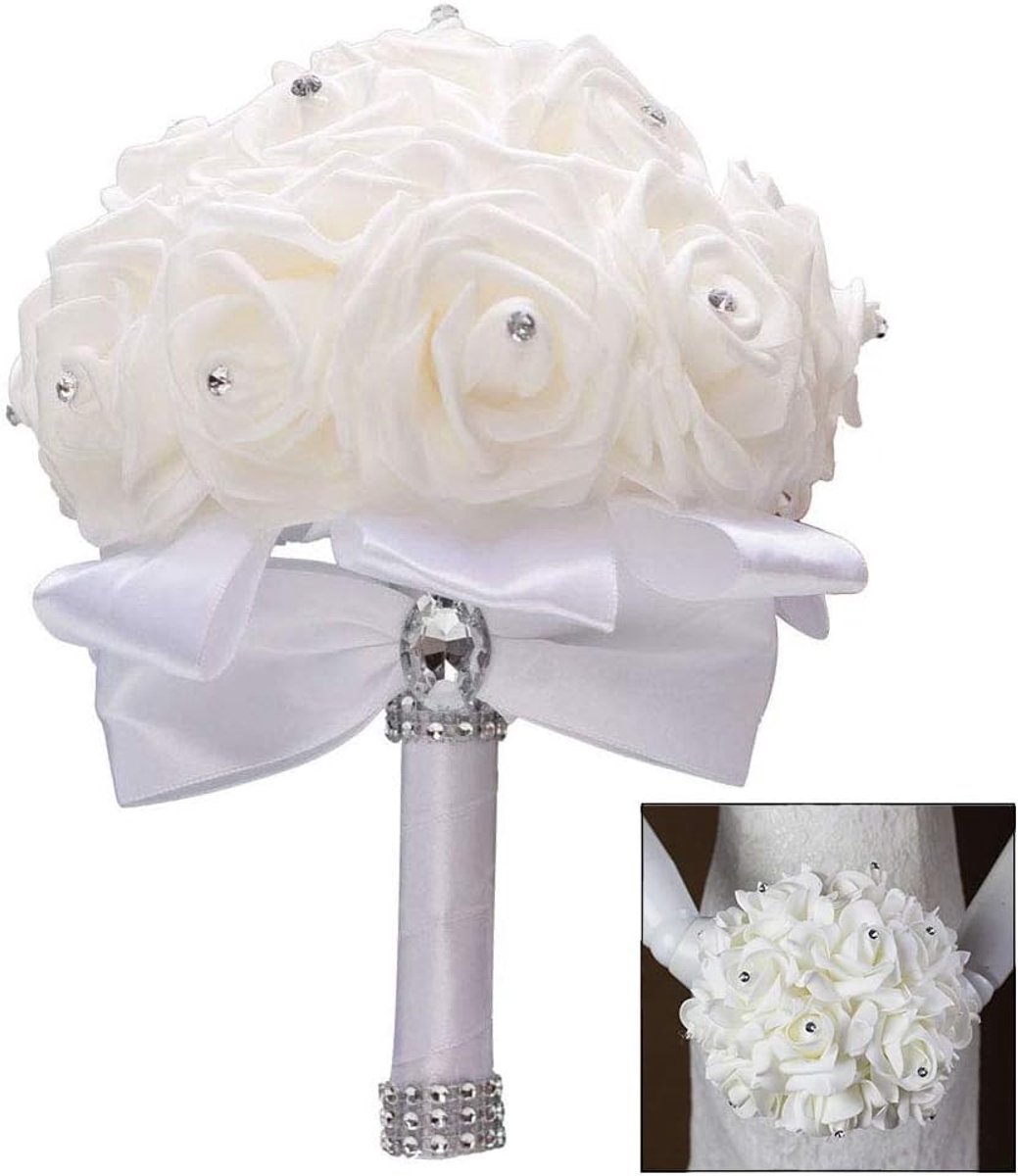 Bruiloft Bruidsmeisje Boeket Kunstbloem Rose Wit Bruids Boeketten Decor