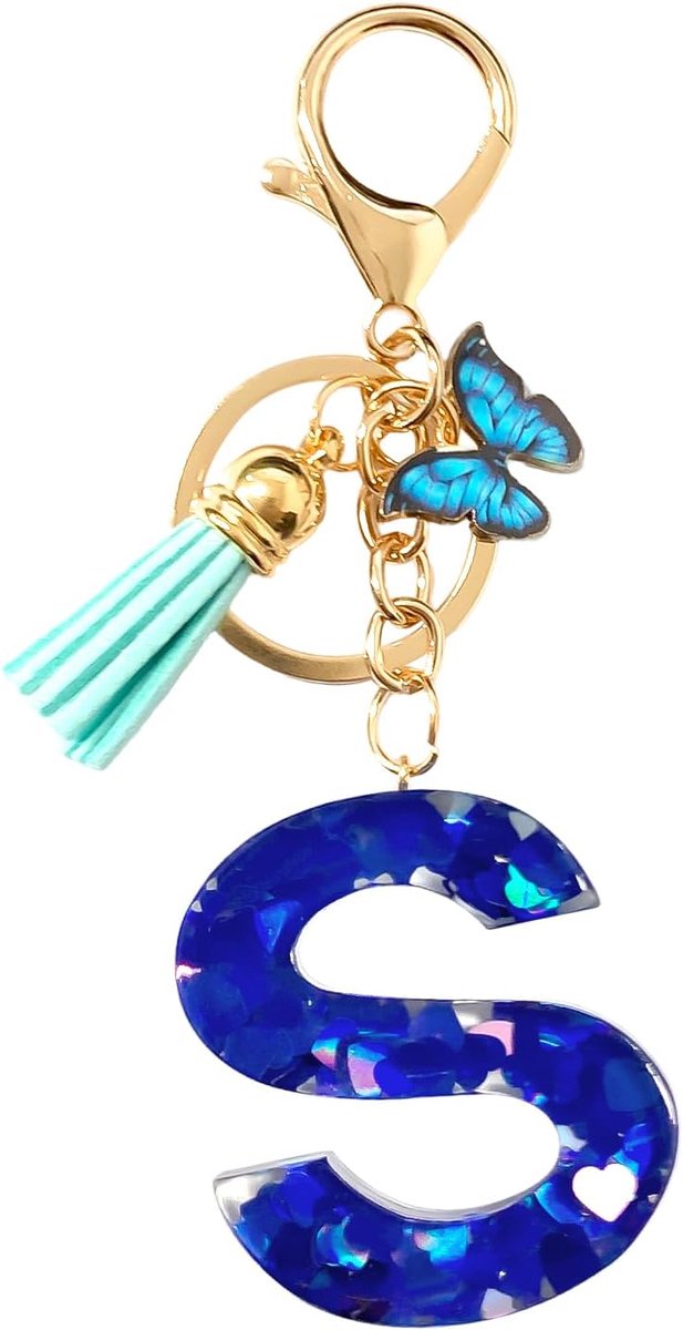 Gepersonaliseerde Sleutelhanger, Sleutelhangers Vrouwen Schattige Sleutelhanger Gepersonaliseerde Sleutelhanger Tas Sleutelhanger Alfabet Sleutelhanger Met Vlinder (Blauw-S)
