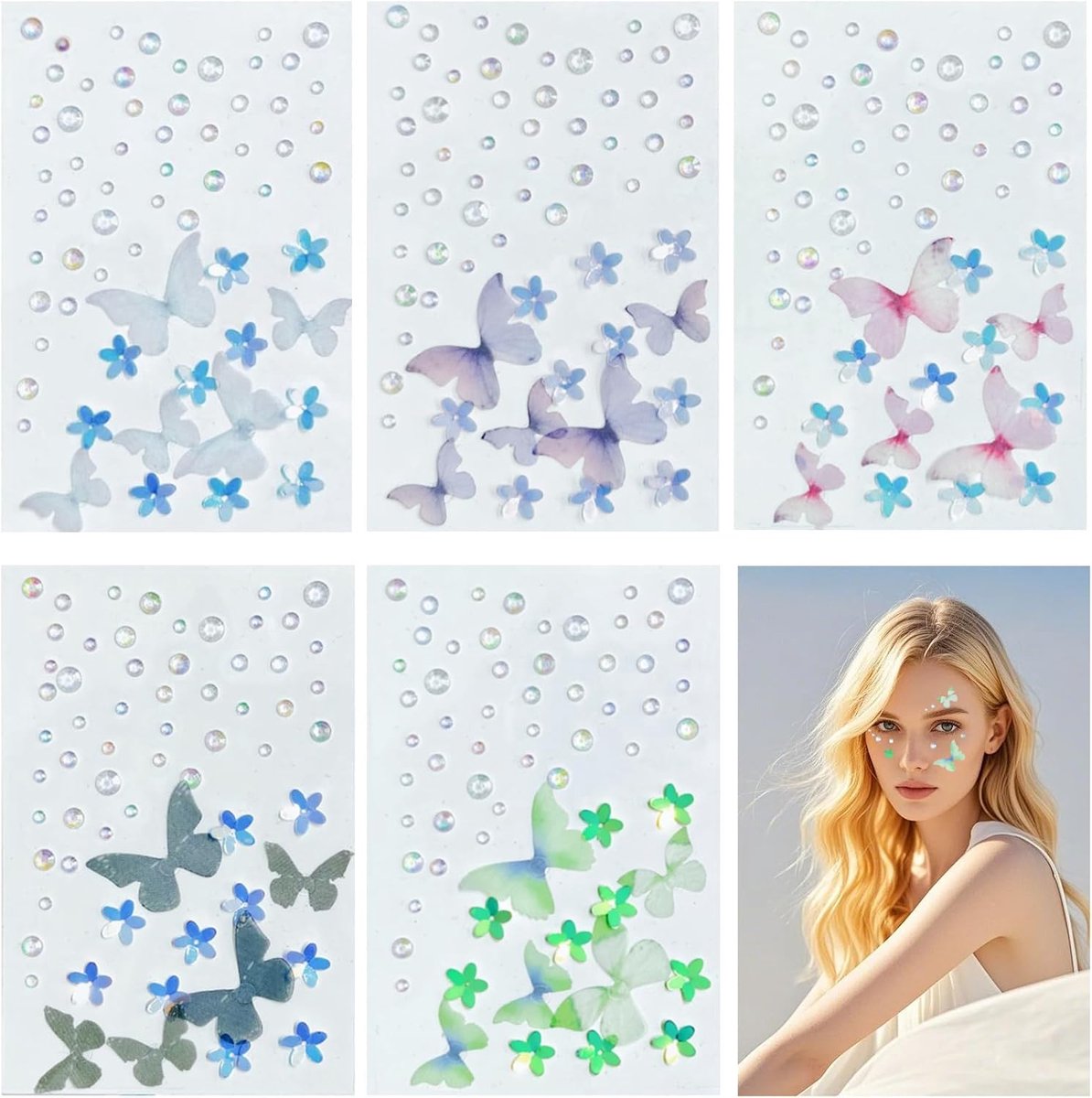 5 vellen glitterstenen, zelfklevend, vlinder-strassteentjes, zelfklevend, glitterstenen om gezicht te knutselen, glitterstickers voor jongens en meisjes, lente, feest