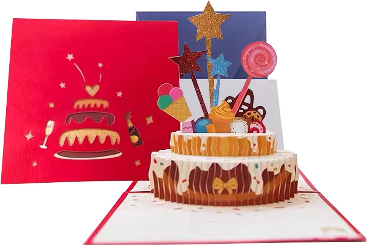 3D Pop Up Verjaardag Cake Wenskaart met Envelop Voor Familie Vrienden Lover (Rood)