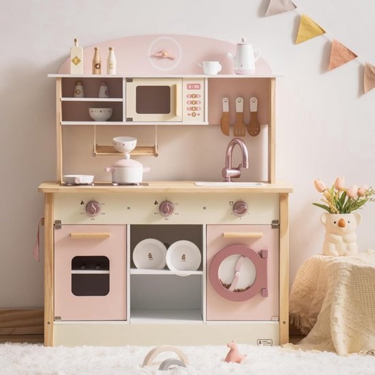 Houten kinderkeuken - voor kinderen vanaf 3 jaar - Rollenspel - met keukenaccessoireset in roze