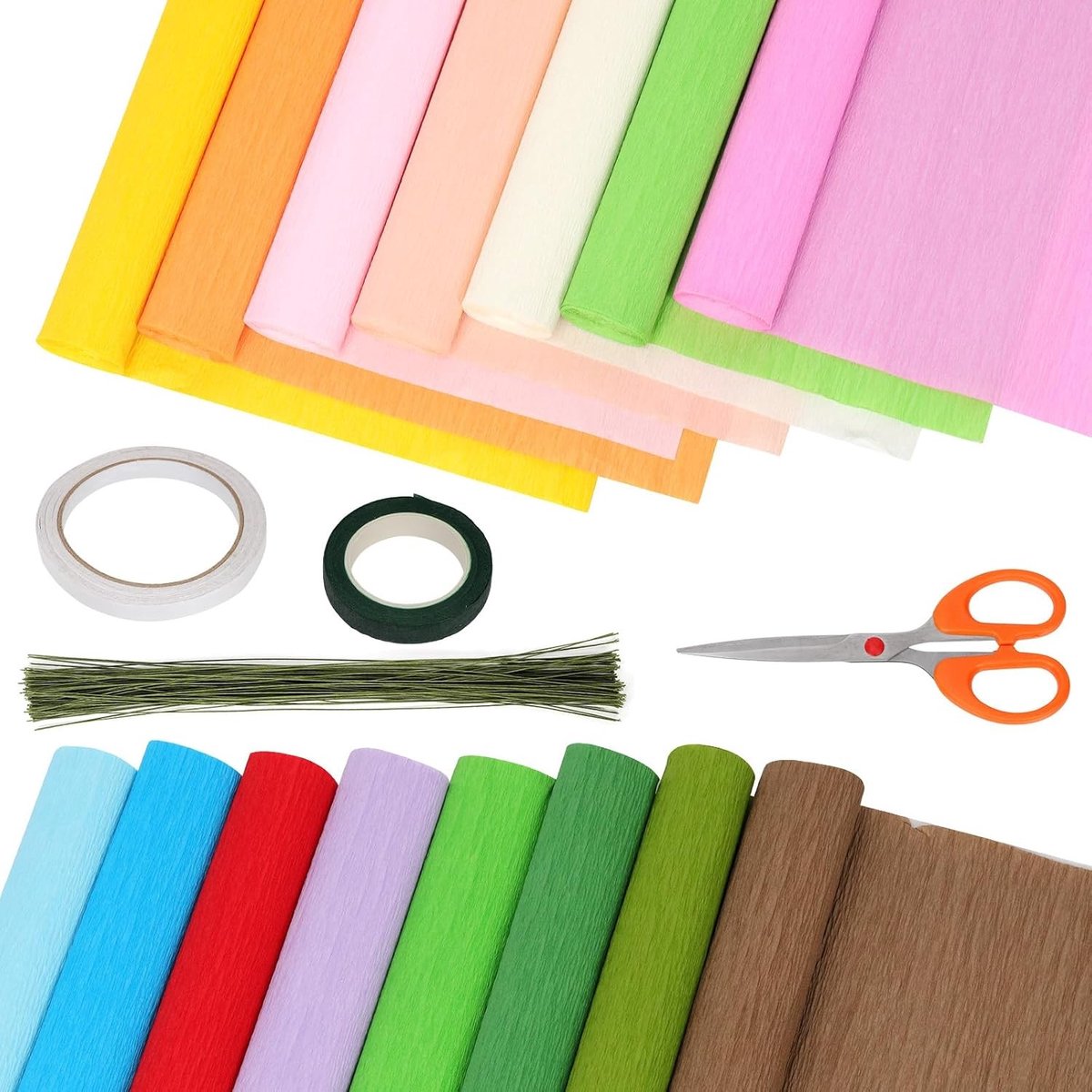 15 kleuren brede crêpepapier rollen kit voor doe-het-zelf bloemen maken, inclusief 15 rollen 25 cm x 2,5 m crêpepapiervellen, bloemendraad, tapes en schaar voor creatieve projecten