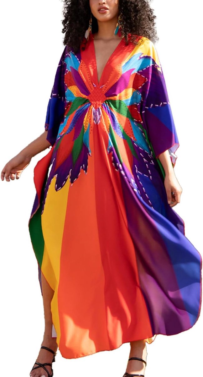 Bloemen Lange Kaftan Maxi Jurk Pluse Size Bikini Strand Cover Up Gewaden