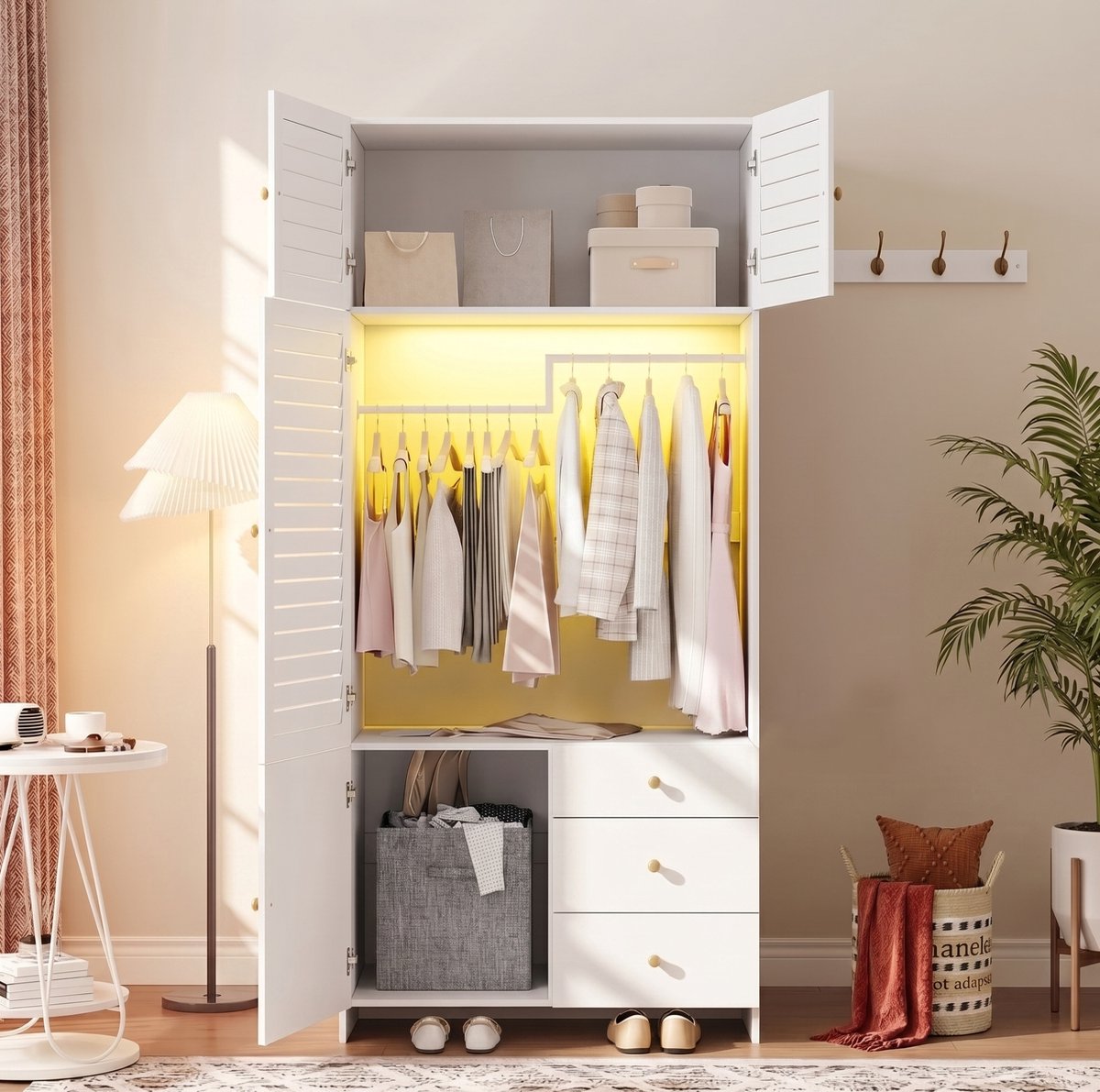 STILVORA Kledingkast Met Ledverlichting En Wasmand - 3 Lades En Kledingstang - Voor Slaapkamer En Kinderkamer - Spaanplaat - 90 x 50 x 200 Cm - Wit