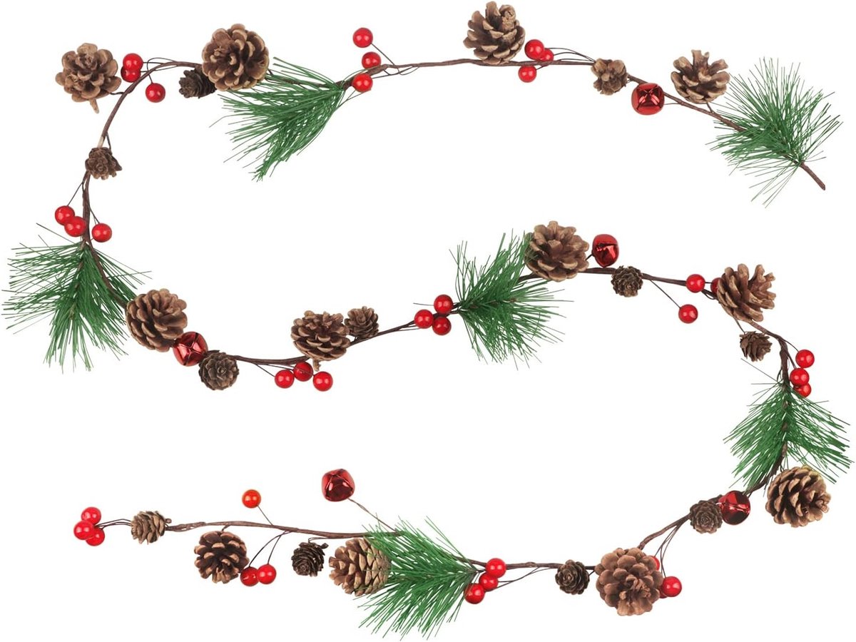 2m Rustic Christmas Garland with Pine Cones, Red Bells and Berries, for Tree, Cloak, Fireplace, Handrail, Staircase - ShopVlot