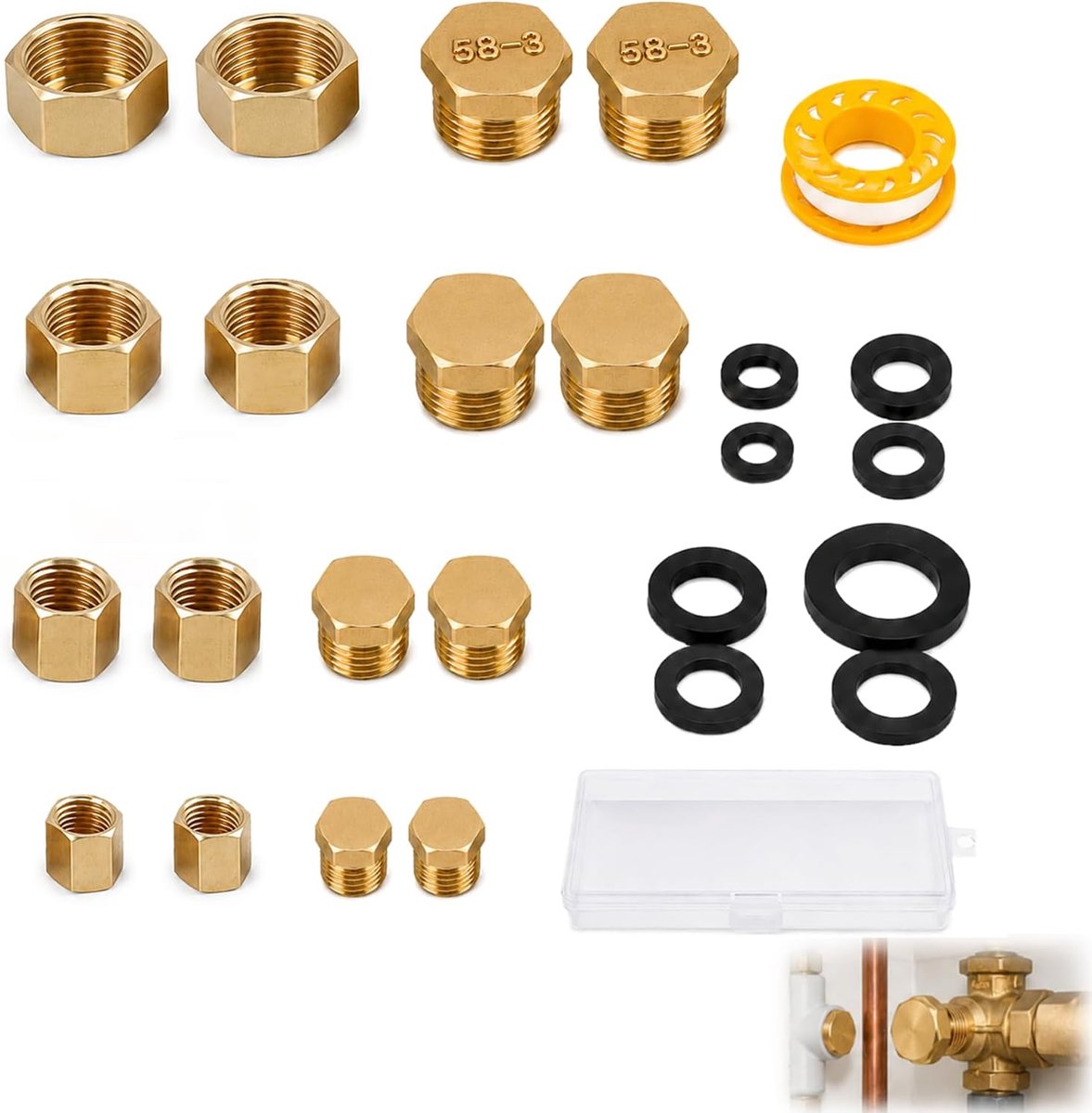 Pack of 16 Thread Stoppers Brass with Inner and Outer Nets 1/8.1/4.3/8.1/2 Inch Brass Hexagonal Plug for Taps and - ShopVlot