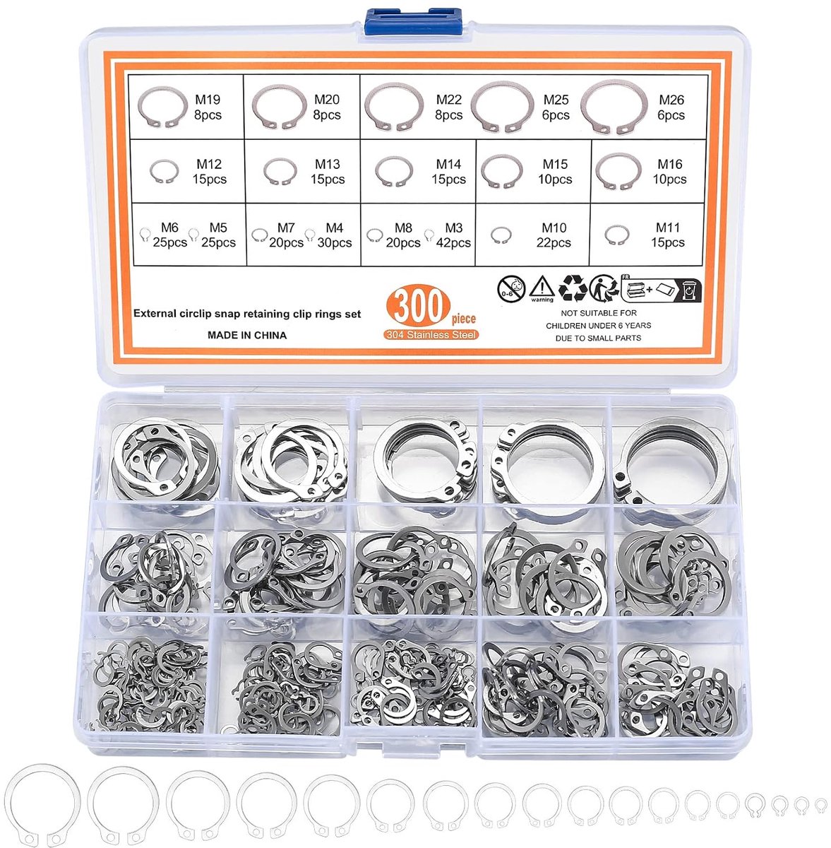 300pcs Retaining Rings, Retaining Rings, Stainless Steel E-Clip External C Clips Retaining Rings Assortment Internal - ShopVlot