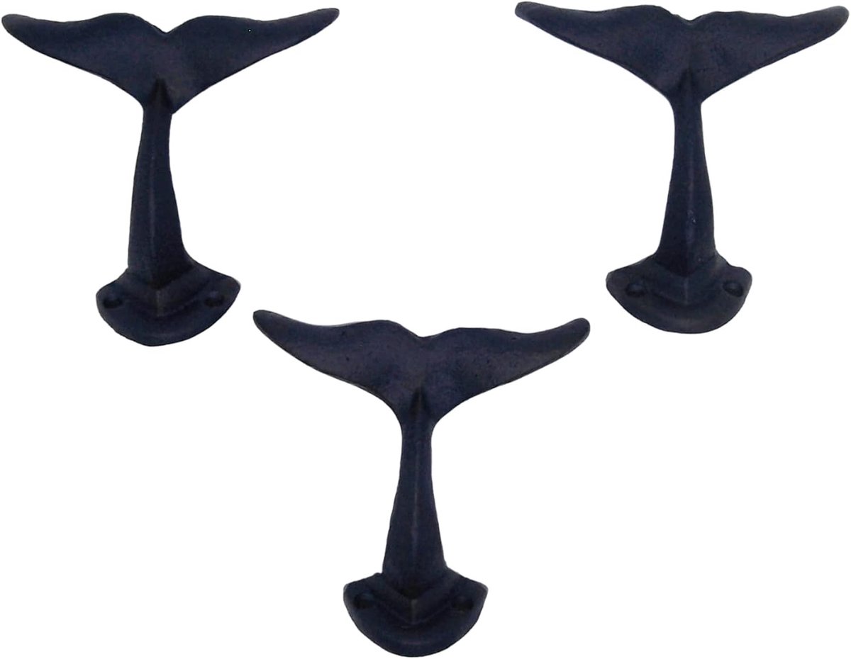 Marineblauwe walvisstaart gietijzeren wandhaken, wandmontage voor het ophangen van kleding en accessoires, nautische woon- en kantoordecoratie, set van 3, 4,75 inch hoog