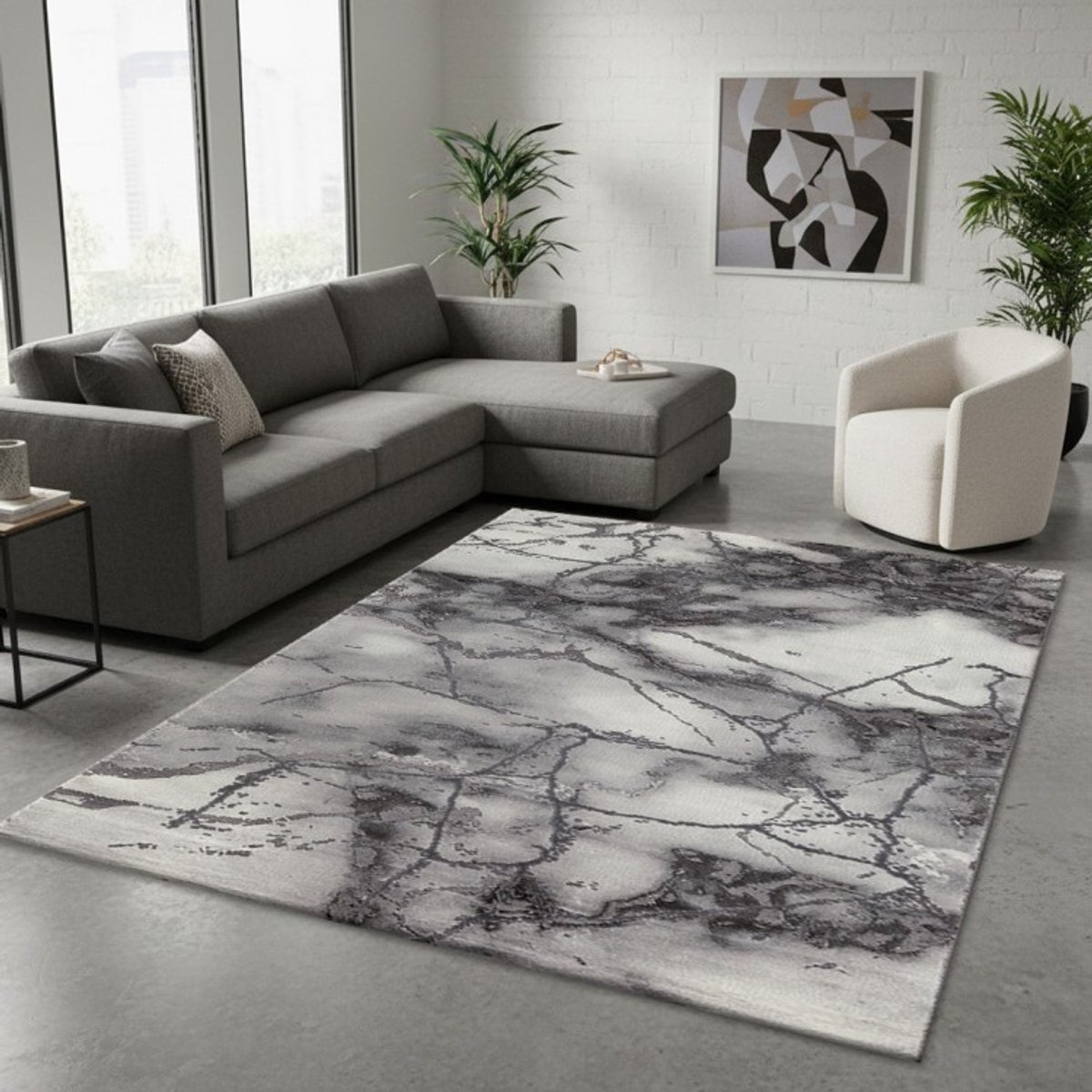 TapisTrend Designer tapijt Grijs 200x290 cm Modern vloerkleed met abstract marmerpatroon voor woonkamer, slaapkamer en eetkamer