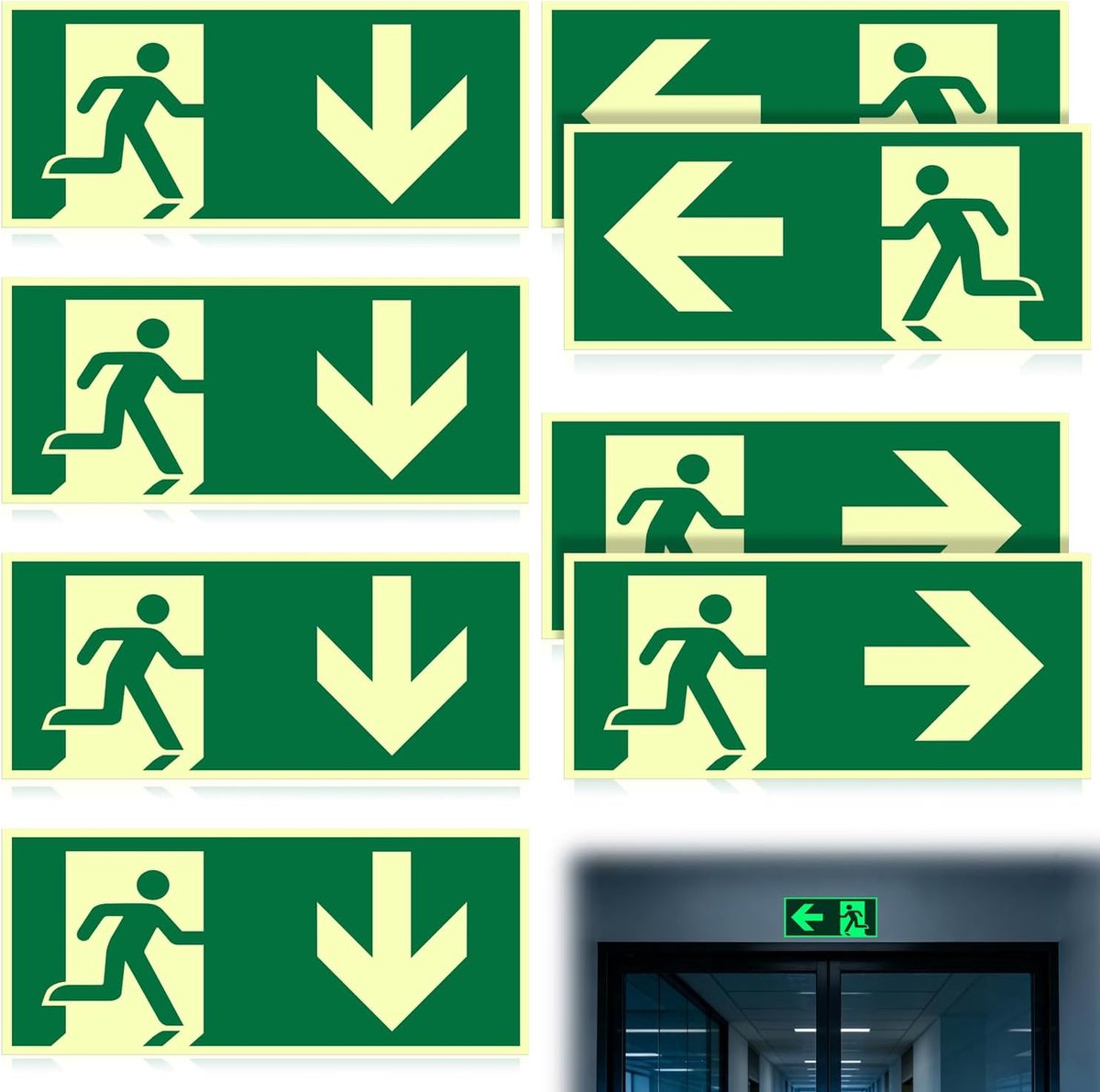 Oplichtend, vluchtwegborden, nooduitgang, reddingsweg, bord met pijlen links, rechts, onderaan, voor gebouwen, kantoren, hotel, school, magazijn (A-links/rechts/onder)
