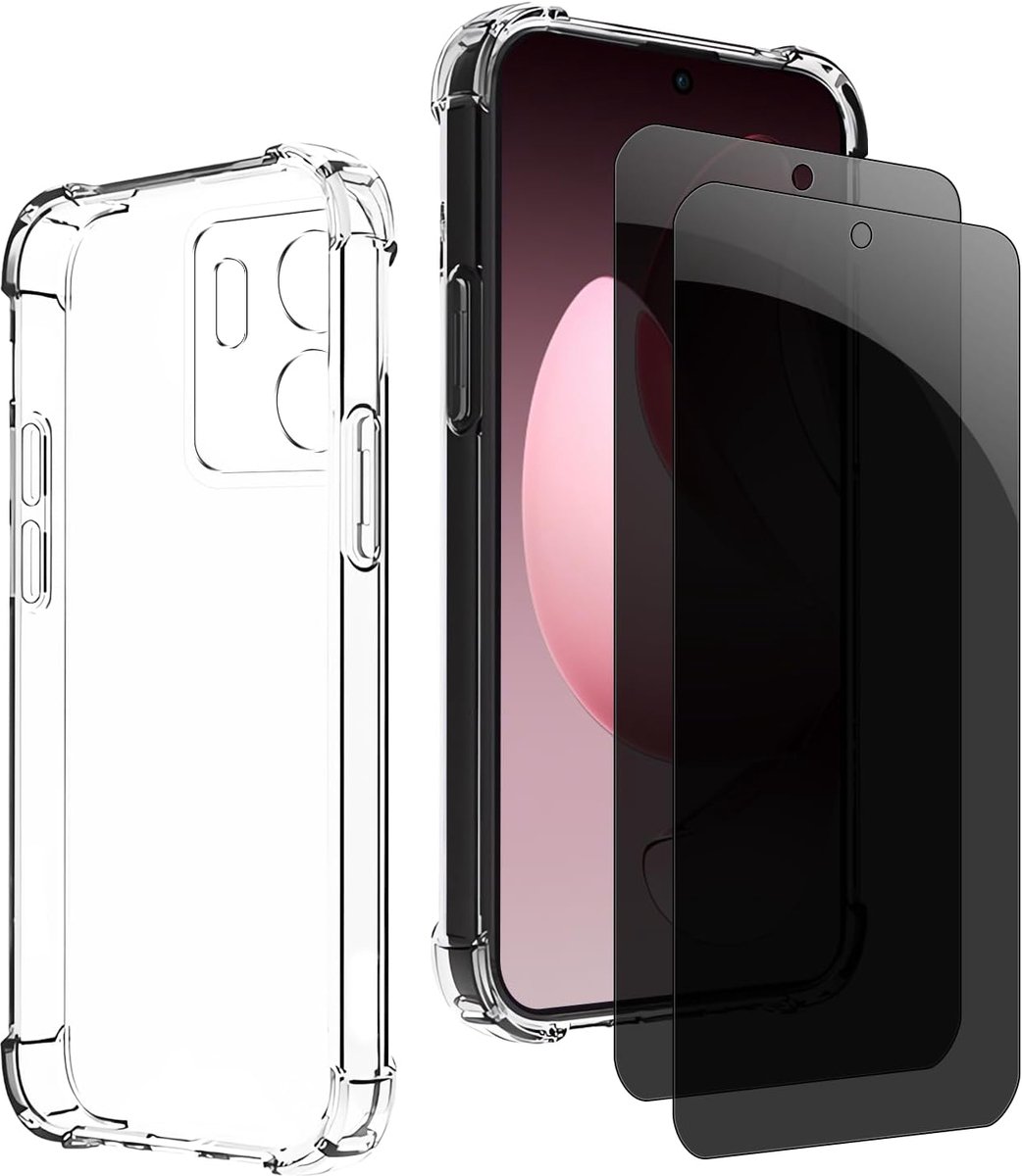 Inkijkbescherming voor Oppo Reno13 F 4 g/5 g, 1 TPU hoes met 2 stuks pantserglas, 9H glas, anti-spy folie, transparante siliconen beschermhoes, anti-geel, slank