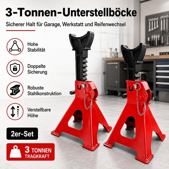 Steunbokken, 3T, met zekering, krik, standaard, modelkeuze, krik, werkplaatsstandaard, professionele bandenwissel, stelbok, autohefbok, rubber, auto, camper, rood — afbeelding 2