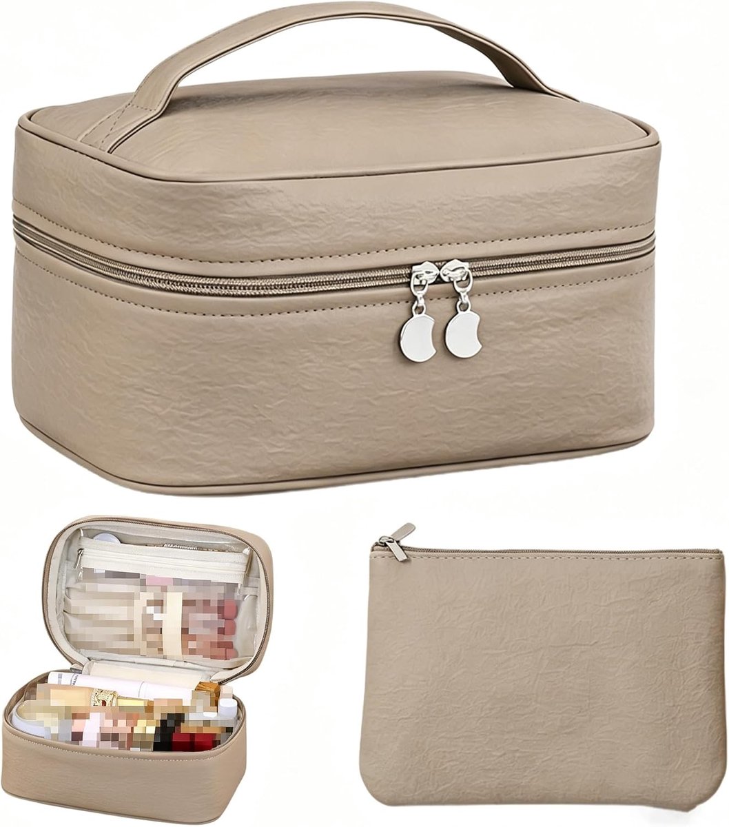 2-in-1 Grote Make-up Tas met Compartimenten – Luxe Cosmetische Reistas voor Dames met Afneembare Pouch, Reisorganizer voor Toiletartikelen, Lichtbruin