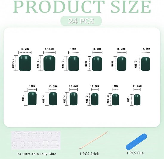24 Stuks Press on Nails Kort Vierkant Groen – Complete Set voor DIY Manicure met Jelly Lijm, Nagelvijl en Houten Staafje — afbeelding 2