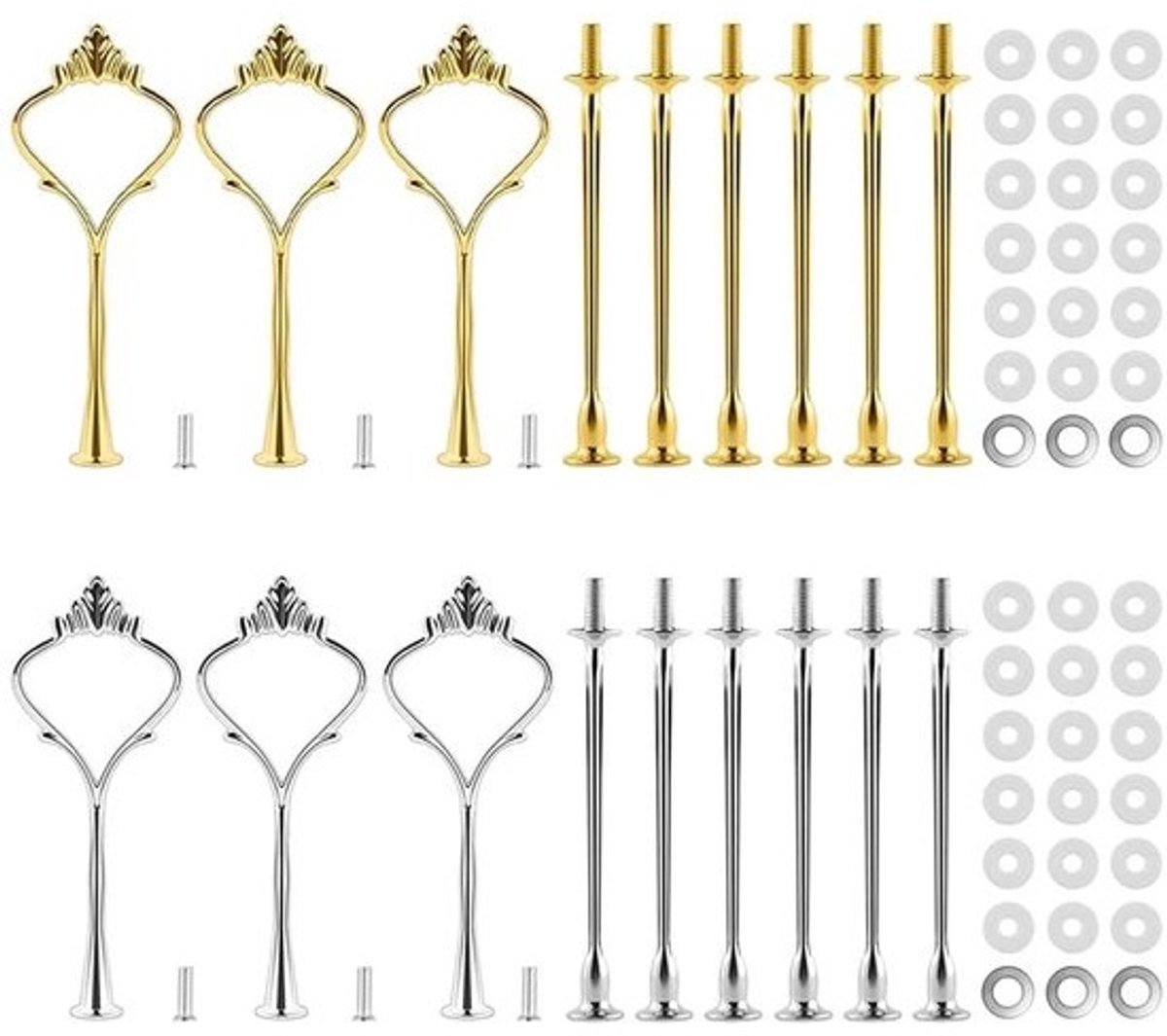 6 sets taartstandaardaccessoires fruitschaalstandaard 3-laags cakestandaard voor bruiloftsfeest maken van cupcake dessertschotelstandaard (3 sets goud en 3 sets zilver)
