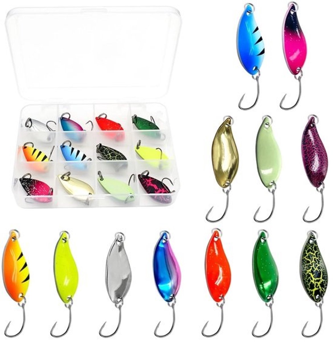 Kleurige spinner-set - Voor forelvissen - 12 stuks - 3.5 g - J-haak en reflecterende lepelvormige aasjes met hoogwaardige haken en opslagdoos