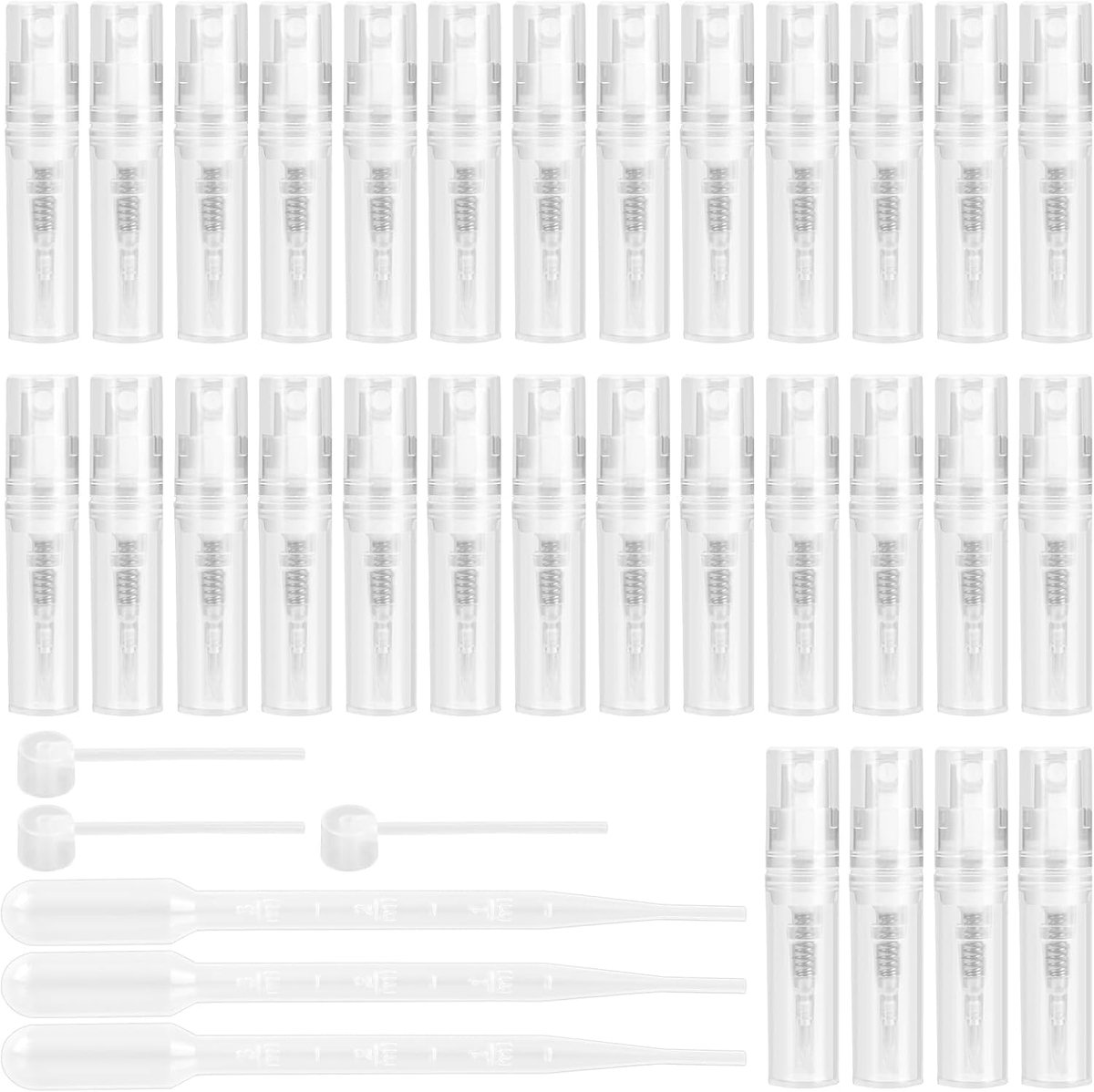 Verstuivers van 2 ml, navulbaar, lege parfumverstuiver voor op reis, transparante mini-spuitfles met pipetten en perskop voor parfum, toner, lotion, 60 stuks