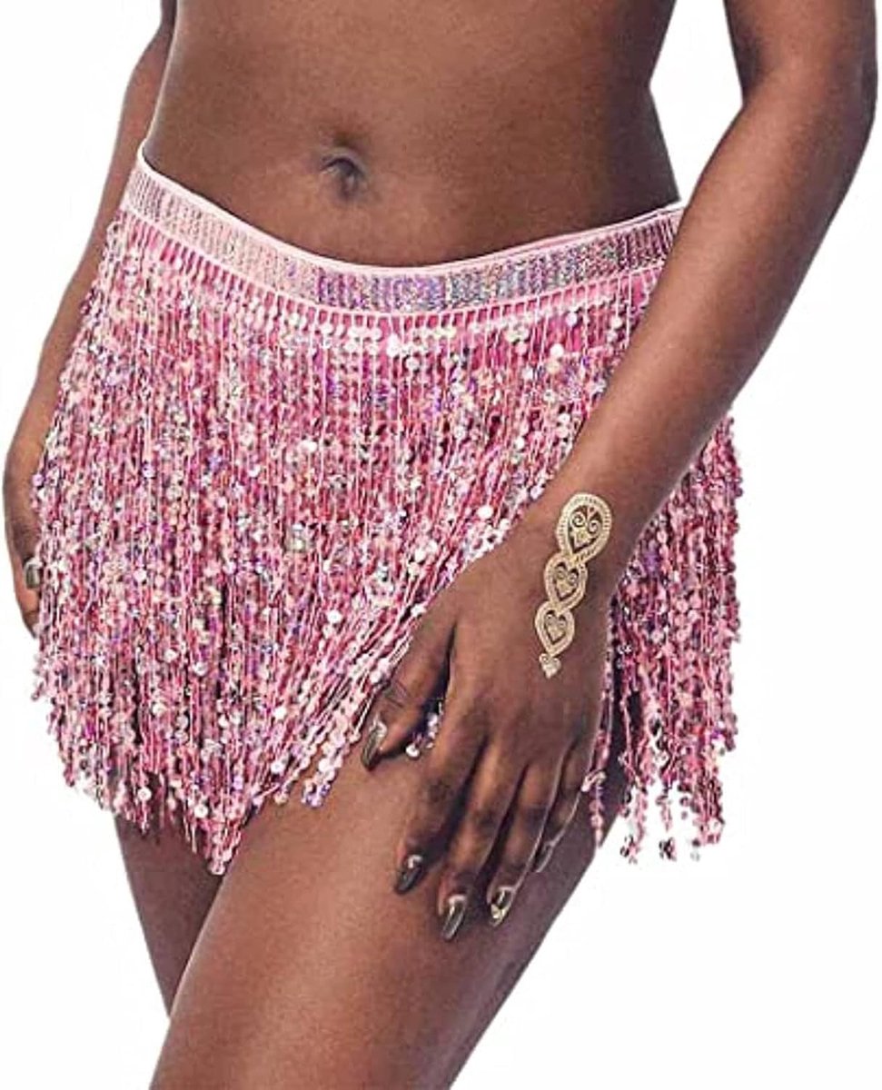 Women Sequins Dance Skirt Belly Dancing Outfit Glitter Tassel Fringe Hip Scarf Rave Waist Wrap Belt Costume for Girls - ShopVlot