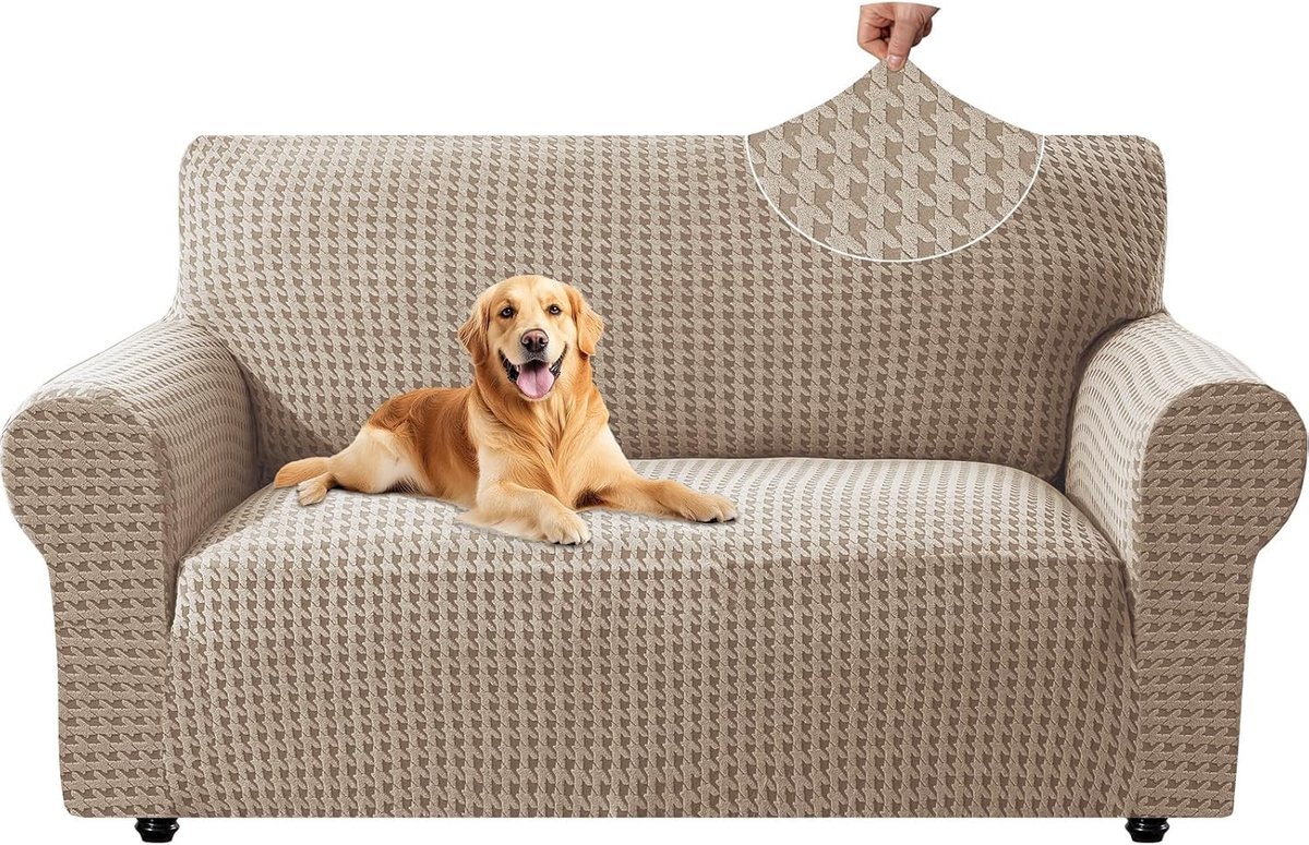 Stretch Sofa Cover voor 2 Zits Bank, Universele Elastische Hoes met Anti-slip Schuim, Krabbestendige Bescherming voor Woonkamer, Khaki