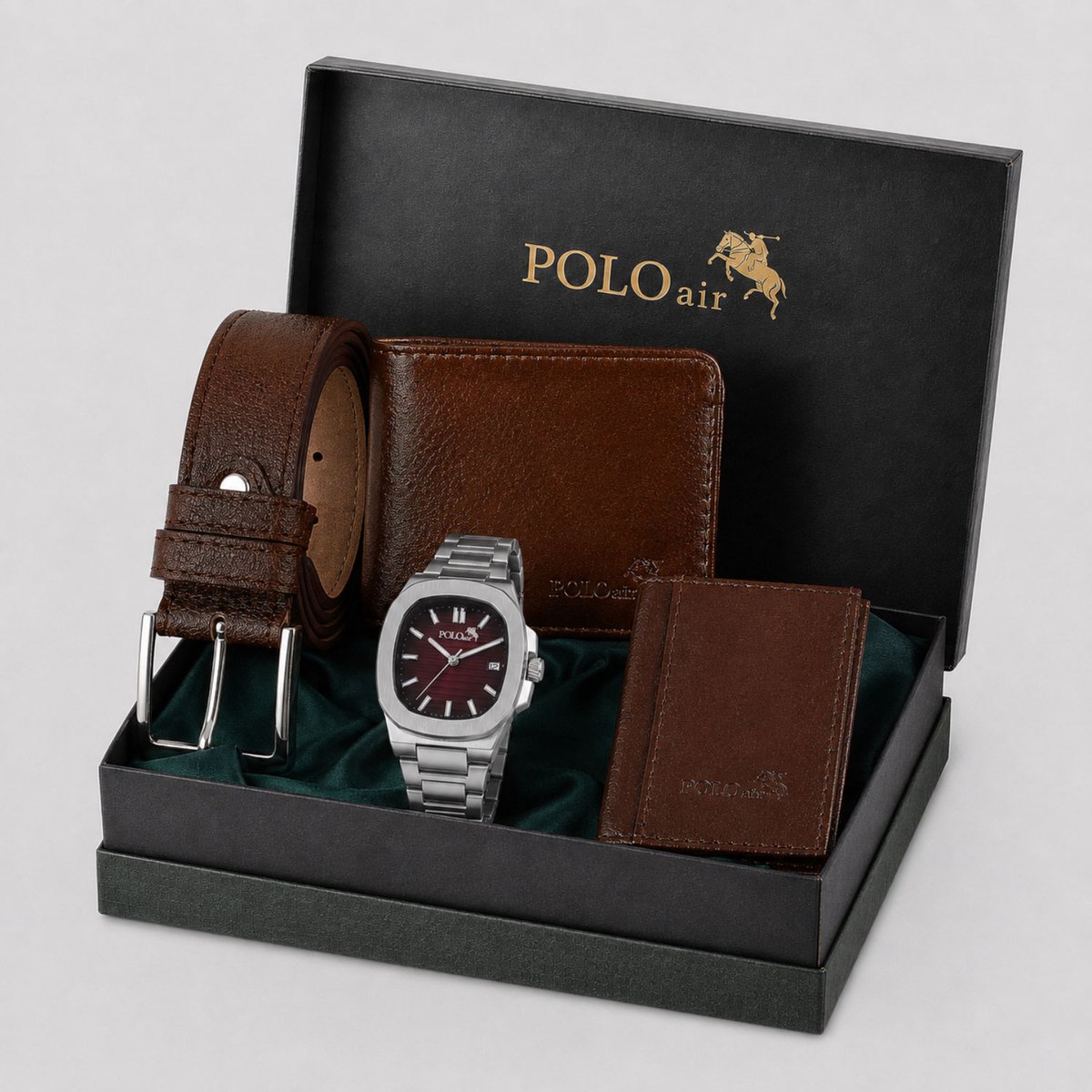 Polo Air Imperial - Cadeauset Heren - Vaderdag Cadeau - Verjaardagscadeau Man - Kerstcadeau Man - Bruiloft Cadeau - Damat Set - Cadeau voor Bruidegom - Horloge, Riem, Portemonnee & Pasjeshouder Cognac Bruin in Cadeaudoos - Geschenkset Mannen