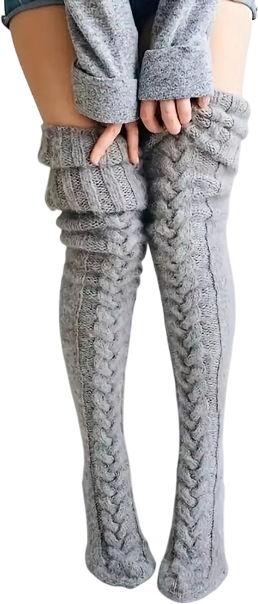 1 Paar Warme Dames Sokken – Dikke Gebreide Kniekousen Lange Wintersokken voor Dames Comfortabel en Warm Over de Knie Grijs