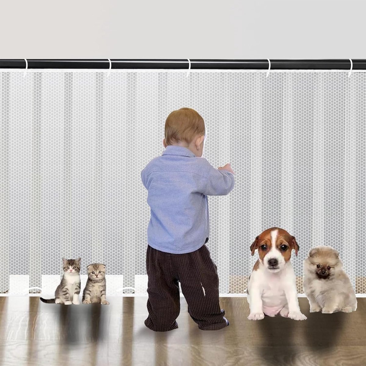 200 x 79 cm Veiligheidsnet voor kinderen, balkonnet, trapbescherming, met nylon koord en riem met lange gesp voor leuningen, balkon, trap, kinderen (wit)