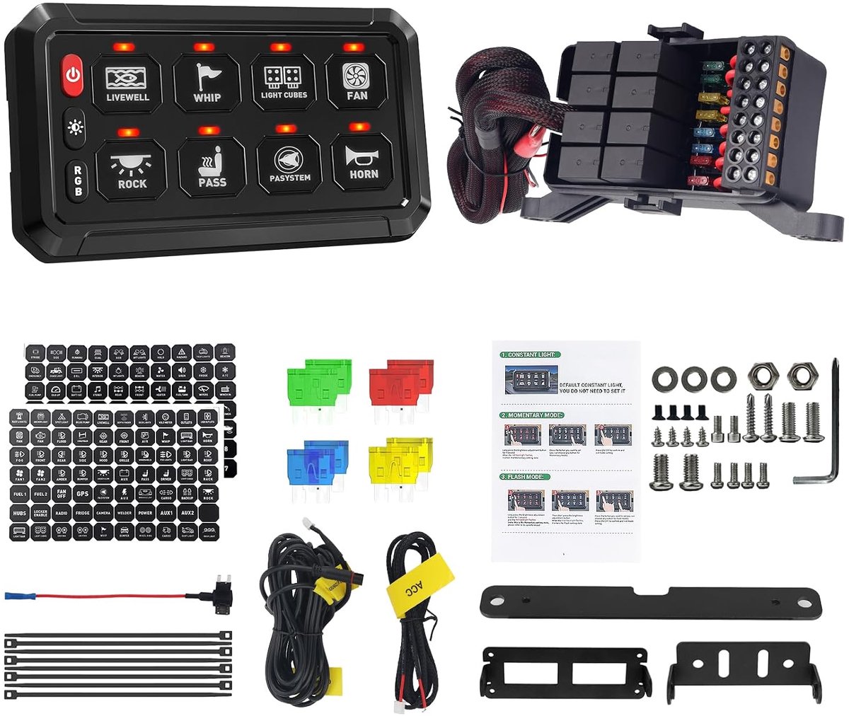 Schakelpaneel met 8 versnellingen met relaiskast en zekering. Multifunctioneel RGB marine schakelpaneel, waterdicht, 5 helderheidsniveaus, 3 siliconen toetsen, compatibel met camper, ATV