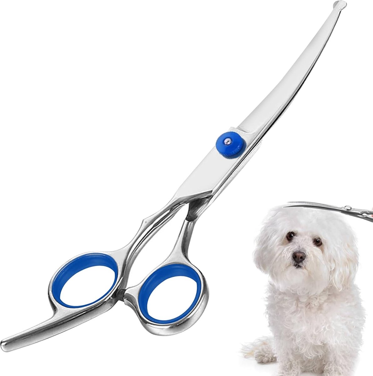 Gebogen hondenschaar voor vachtverzorging, precisiesnit voor gezicht en poten, maximale veiligheid en ergonomie, premium roestvrij staal, 17 cm
