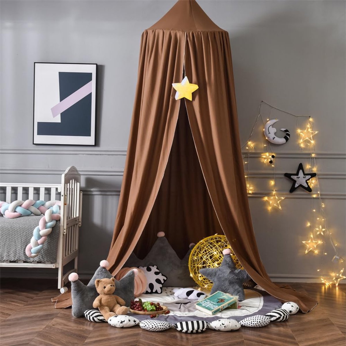 Bedhemel voor Meisjes Jongens Kinderen Eenpersoonsbed, Ronde Koepel Bedhemel Klamboe Bescherming Luifel Speeltent Slaapkamer Kinderkamer Decoratie Hangend Gordijn Net (Koffie)