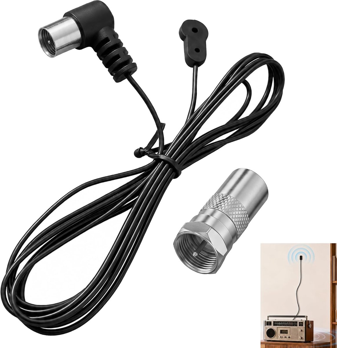 2 stuks FM radio-antenne voor binnen, hifi-antenne, FM-installatie, hifi-installatie, binnen, FM AM 75 Ohm, bekabeld, 1,5 m, tv-aansluiting vrouwelijk en F-mannelijke adapter, verbeterde