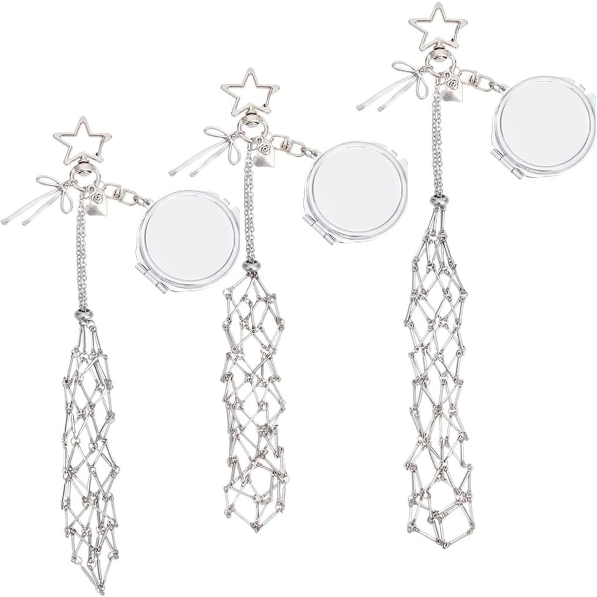1 Doos 3 stks Lipgloss Sleutelhanger Houder Lippenstift Sleutelhanger Esthetisch Roestvrij Staal Zilver Draagbare Mesh Spiegel Lippenstift Sleutelhanger Houder met Ster Sluiting voor Vrouwen