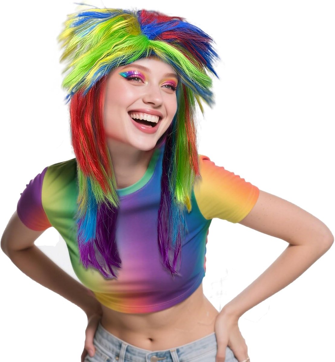 Pruik regenboogkleuren, lang, glad haar, fancy dress pruik, synthetisch haar, jaren 80-stijl, voor dames en heren, voor carnaval, dagelijks gebruik, anime, cosplay, Halloween (regenboog)