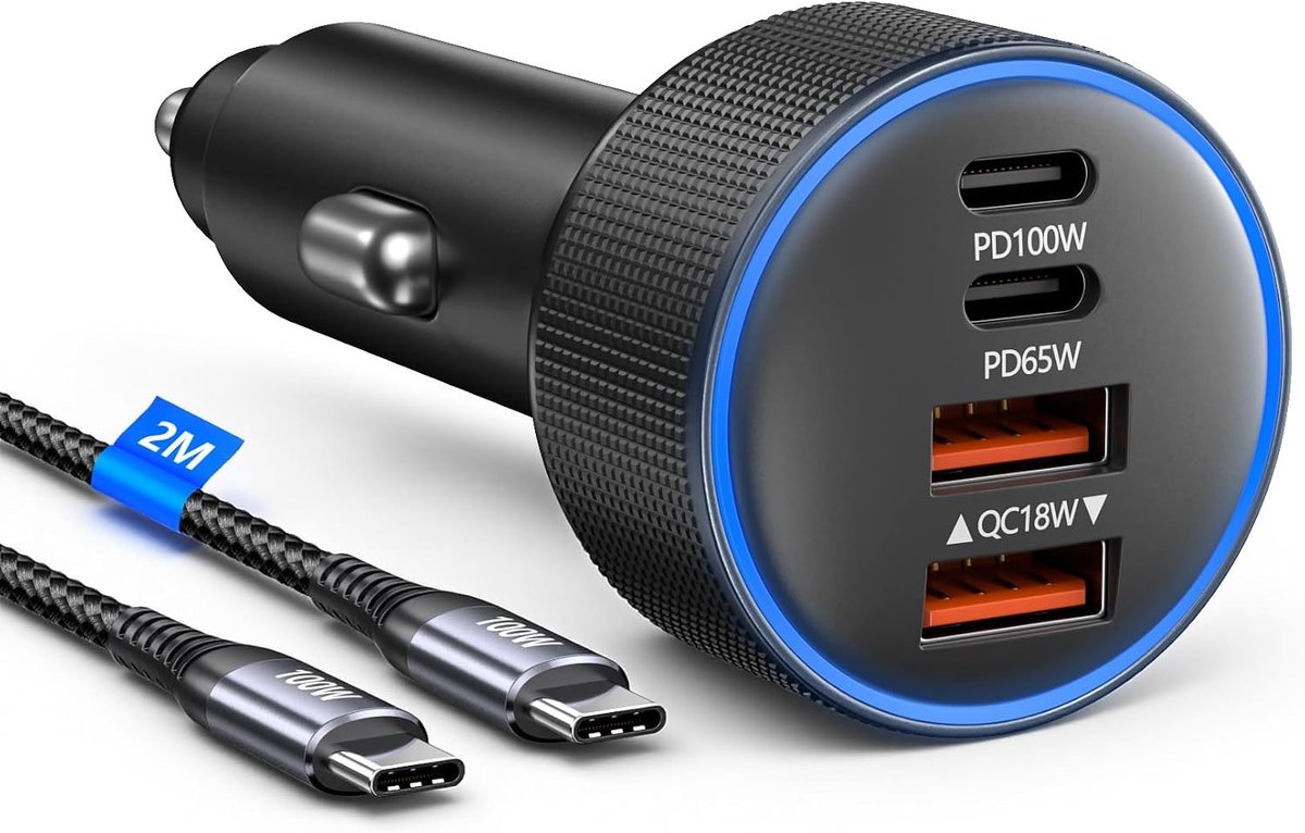 165W USB C Sigarettenaansteker, snel opladen, PD100W type-C autolader, 4-poorts auto-voeding, accessoires voor MacBook Pro/iPhone 16/15/Galaxy S25/S24/iPad en andere USB-apparaten, inclusief 2M