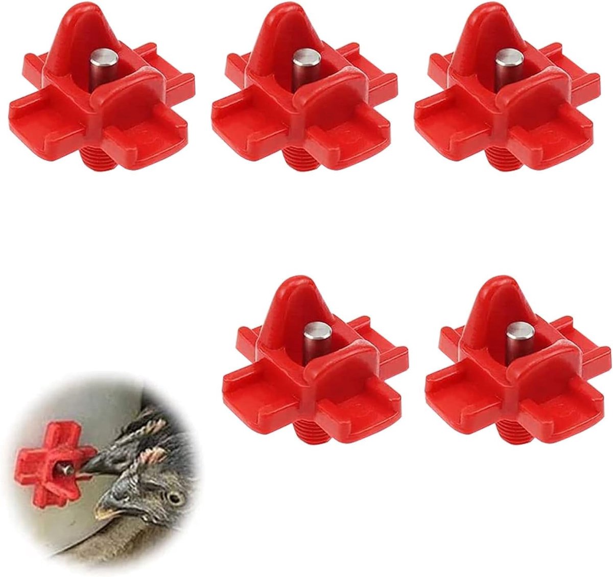 Drinkfles voor kippen, gevogelte waterspeen, kippenwaterdrinkers van kunststof, automatische drinkbak voor kippenzuiger met horizontale zijmontage, 5 stuks, rood