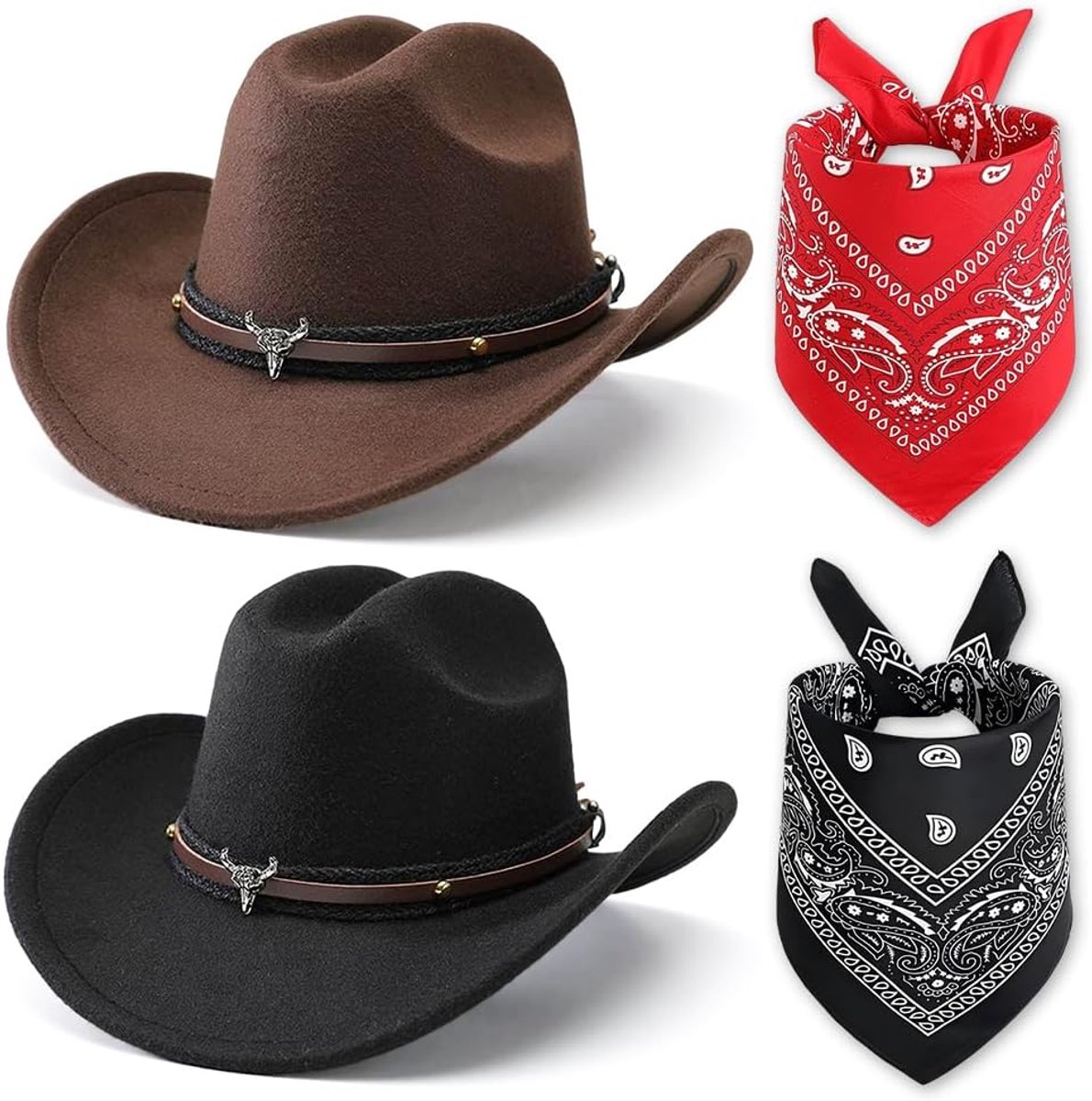 Cowboy Hoed 4 Stuks Met Sjarf Vierkant Multifunctioneel Aaccessoire Van Cowboy Voor Mannen En Vrouwen Hoeden Retro Eenvoudige Mode Voor Kostuums Voor Thematische Carnava