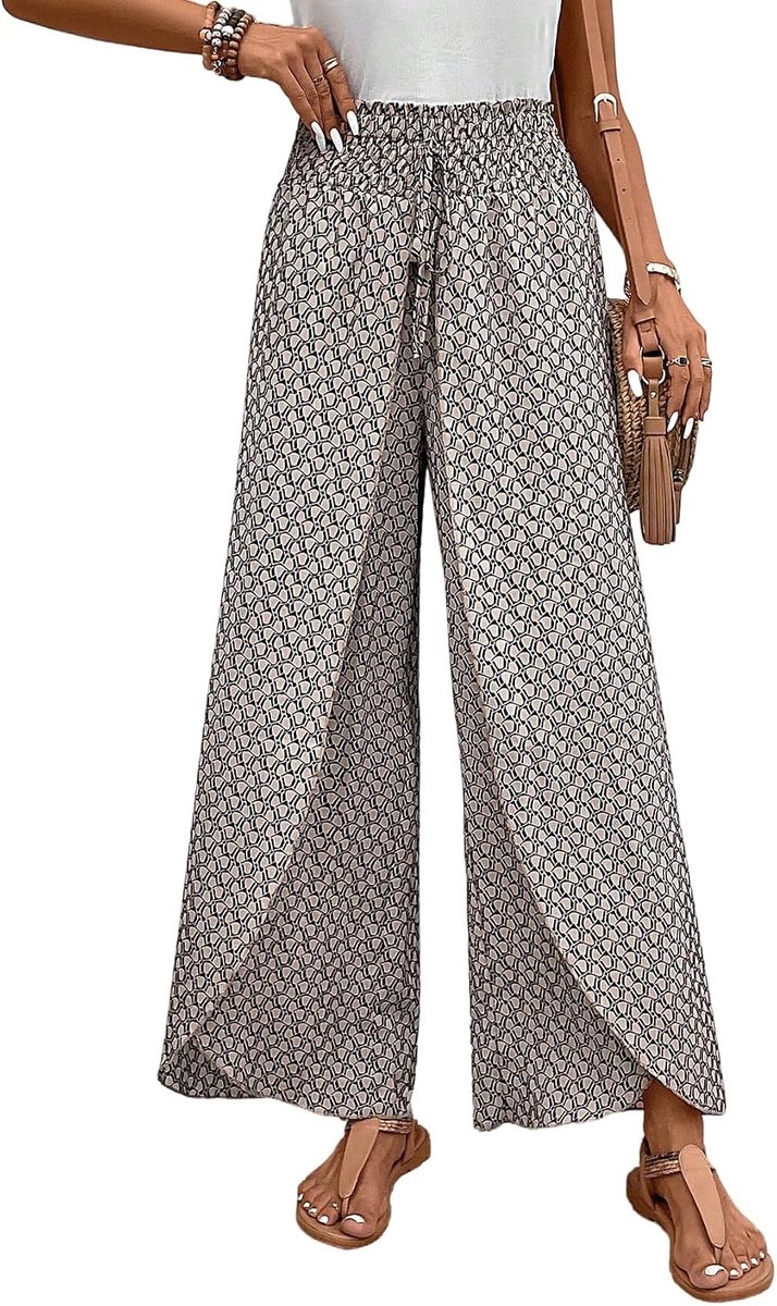 Boho broek voor dames, wijde pijpen, zomerbroek met geometrisch patroon, strandbroek, vrijetijdsbroek, tulpenzoom, stoffen broek, casual broek